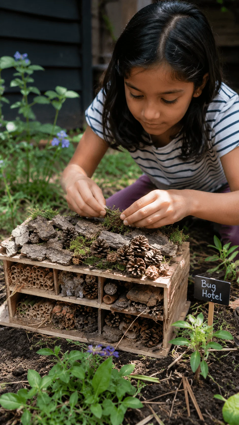Young girl building a bug habitat biodiversity project using natural materials like pinecones bark bamboo and moss to create a shelter for insects and support garden ecosystems