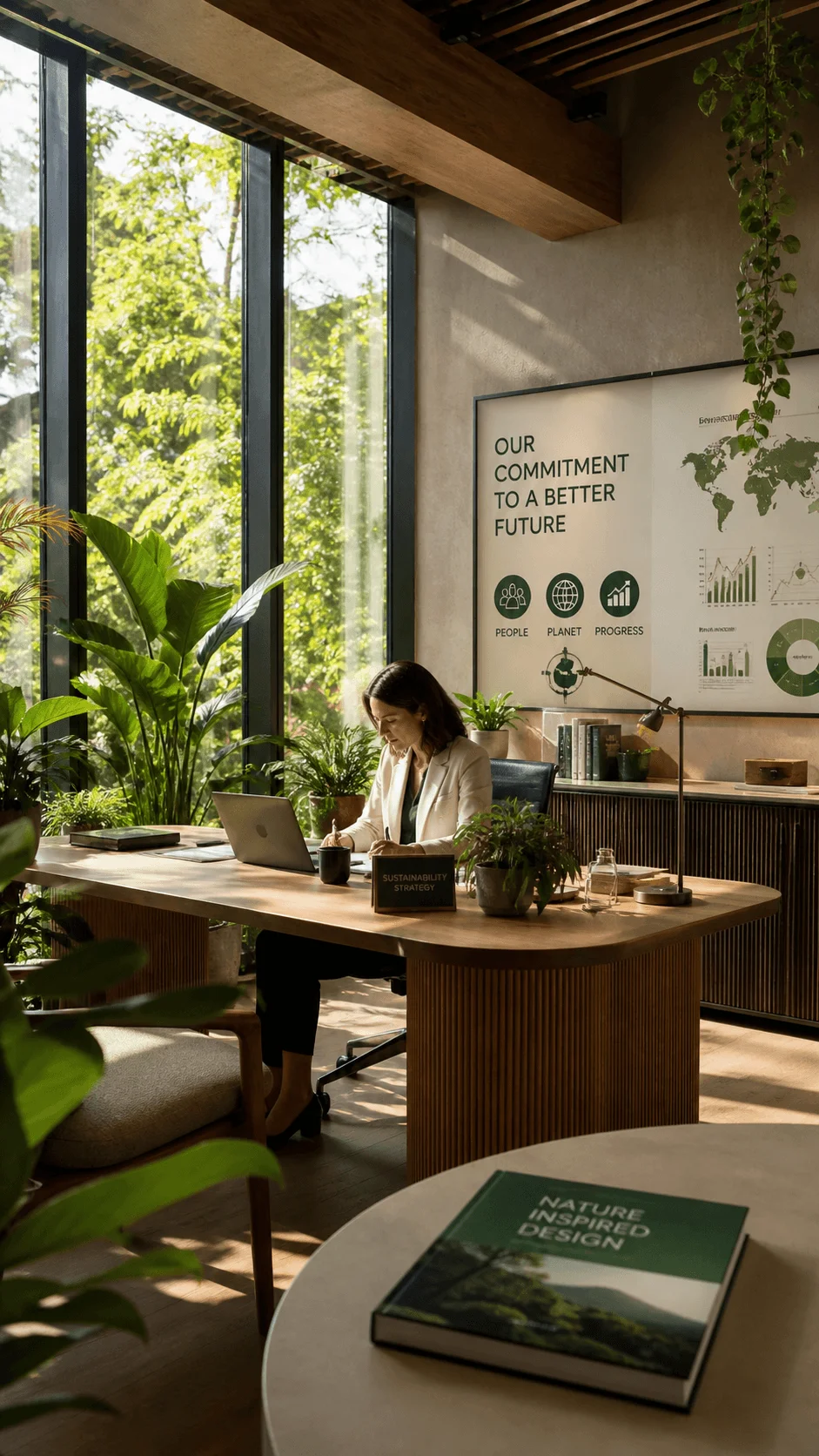 A woman works at a desk in a sunlit office filled with plants and natural materials with a wall display showing commitment to a better future and sustainability metrics nearby