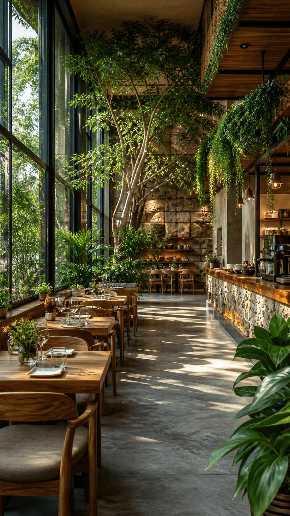Biophilic restaurant interior with large indoor trees lush greenery wooden furniture stone accents floor to ceiling windows and natural sunlight creating a calm eco friendly dining atmosphere