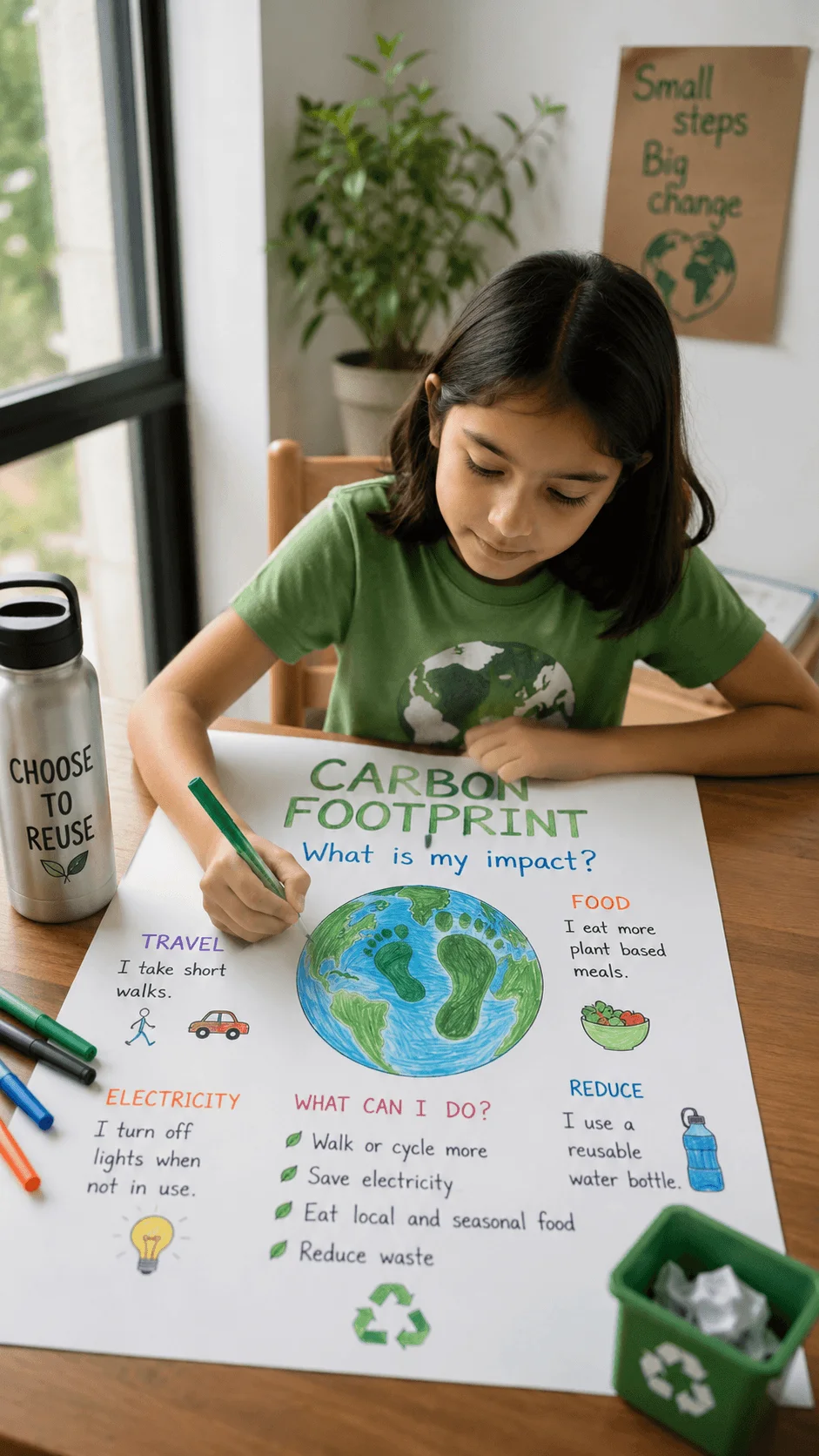 Young girl working on a carbon footprint awareness activity poster for kids with drawings about travel electricity food and waste reduction while promoting reusable items and eco friendly habits