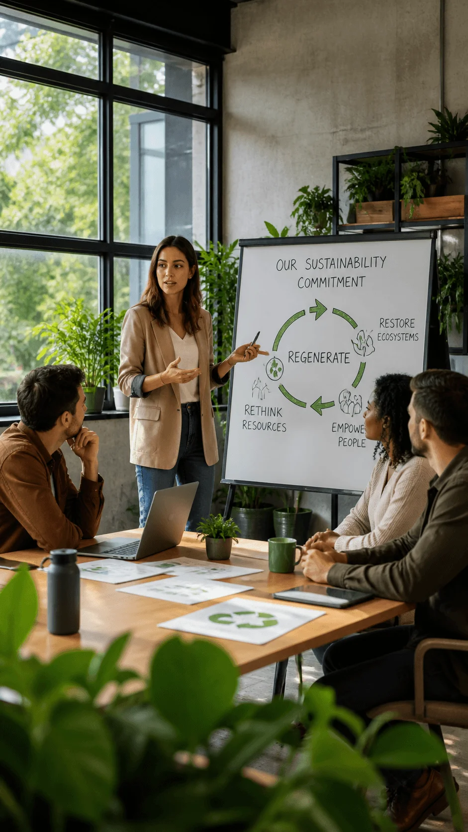 Team meeting focused on sustainability commitment and regenerative leadership in modern eco friendly office with presentation board and green plants
