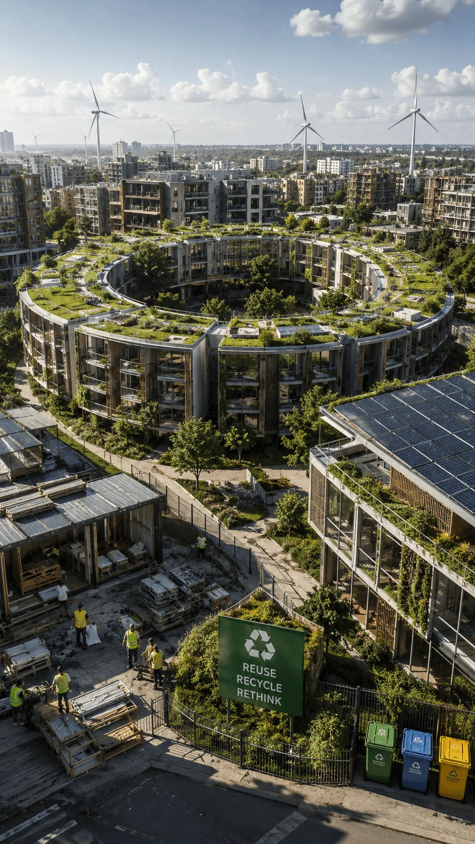 Eco friendly circular city development featuring green rooftop buildings solar panels wind turbines recycling facilities and sustainable housing designed around resource efficiency and renewable energy use