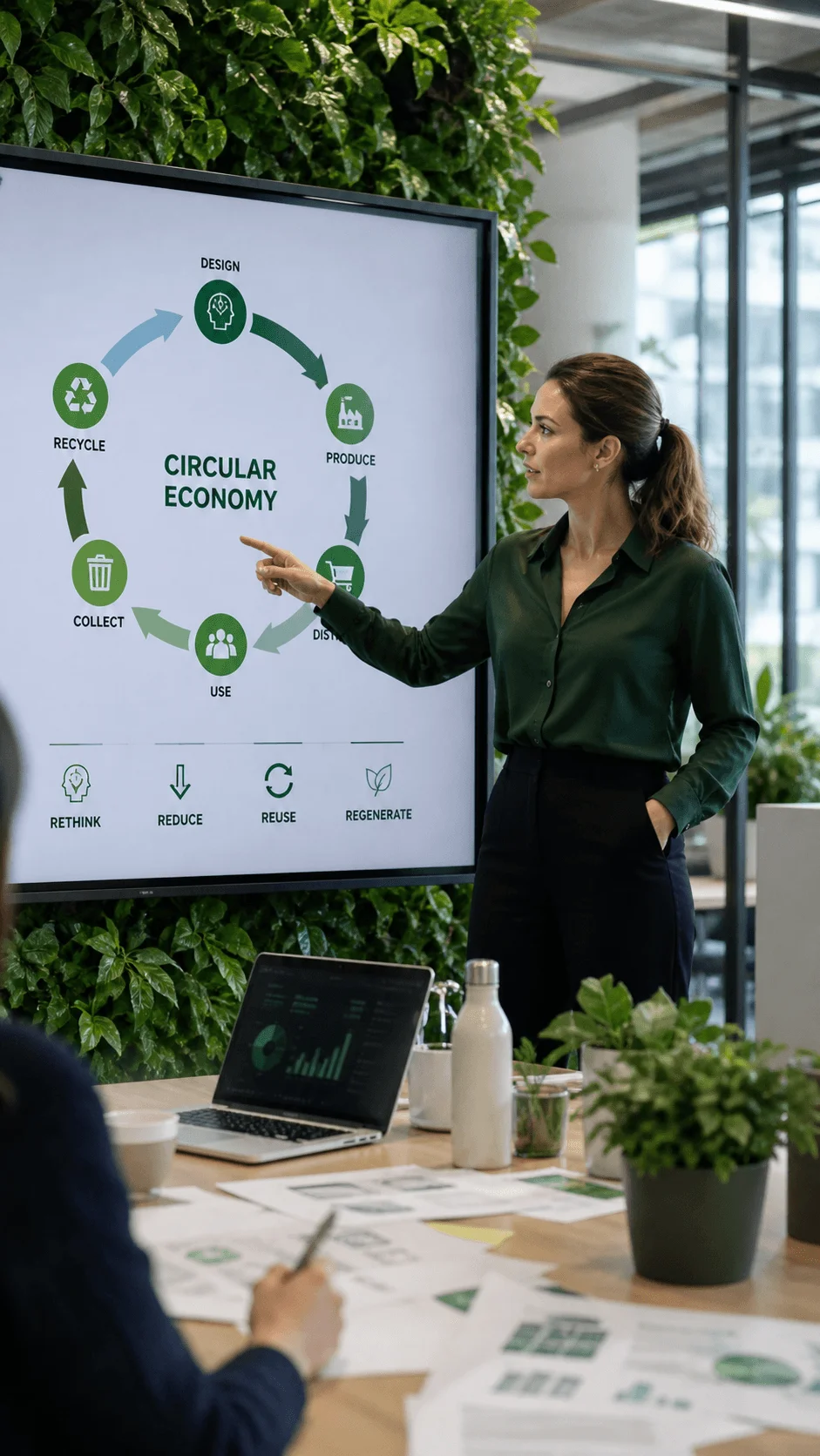 A woman in an office points to a presentation on a screen showing a circular economy cycle with stages design produce distribute use collect and recycle surrounded by plants while colleagues review documents at a table
