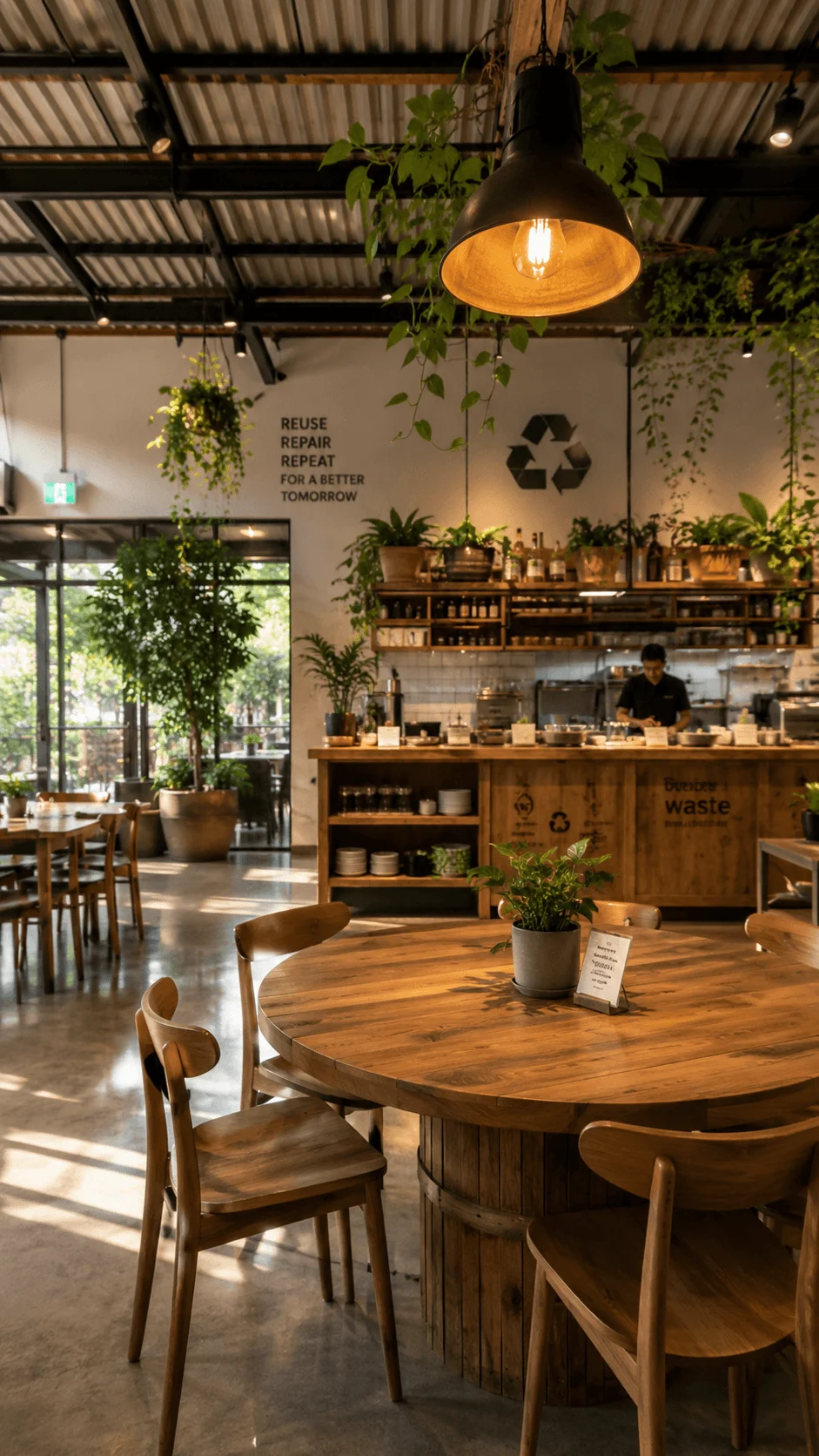 Warm sustainable restaurant interior with wooden tables hanging plants recycled decor open kitchen and eco friendly design featuring reuse repair repeat message and recycling symbol