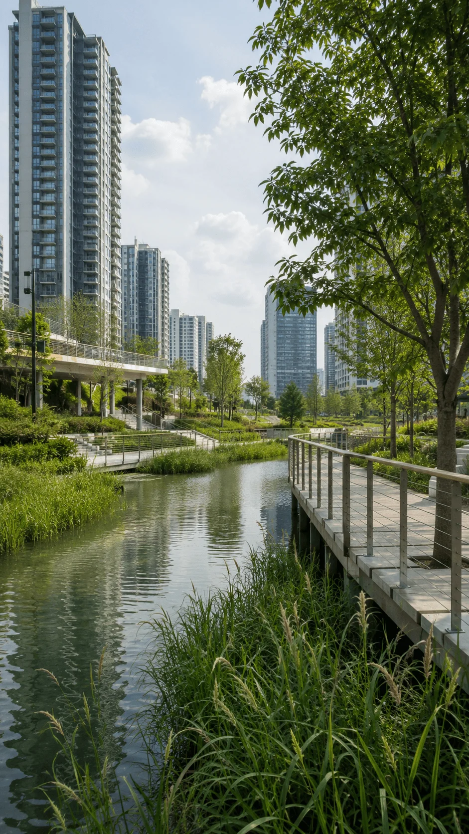 Climate resilient urban landscape with modern high rise buildings green waterways pedestrian bridges and natural vegetation designed for sustainable water management and adaptive city infrastructure