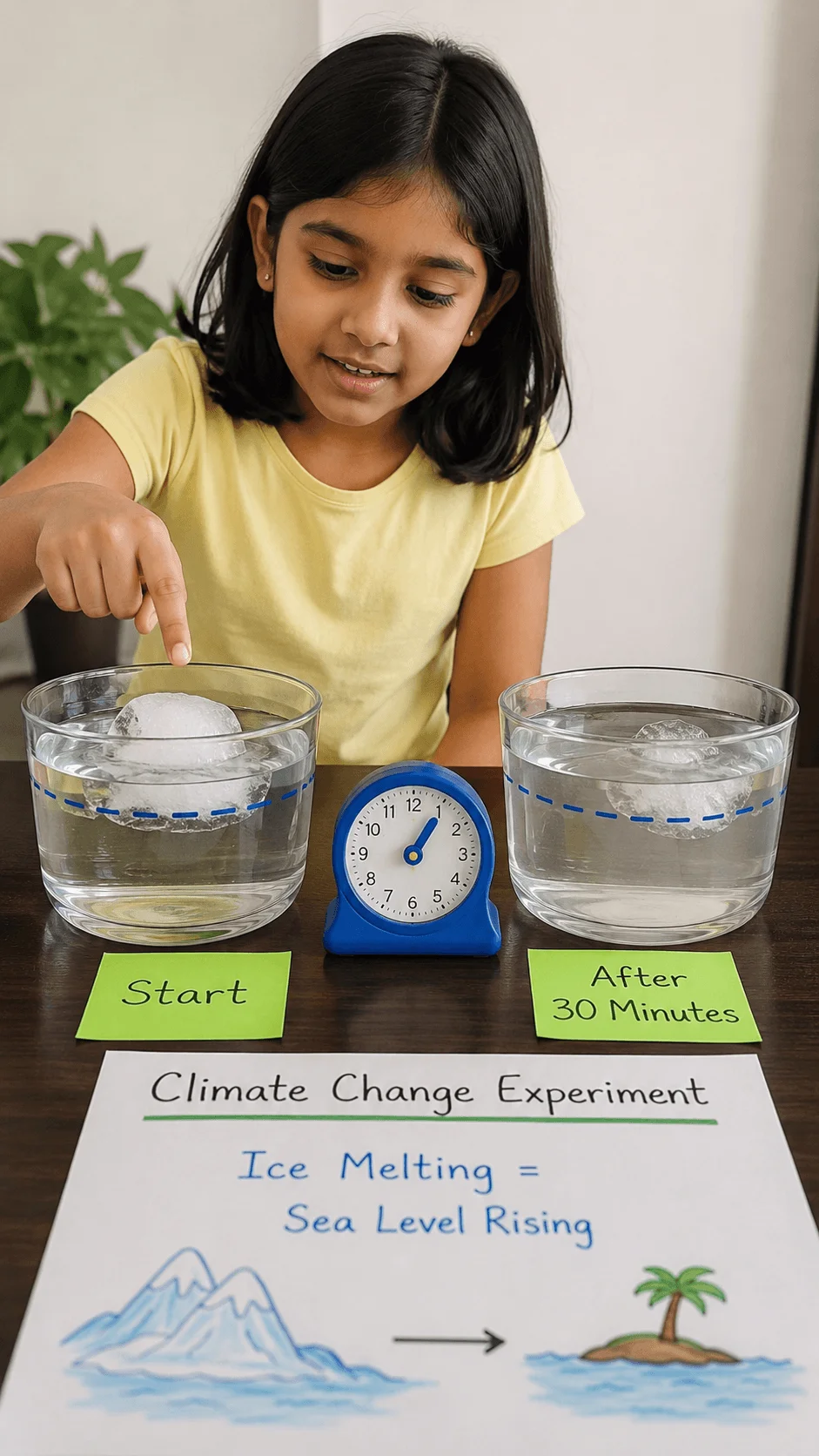 Young girl demonstrating a climate change experiment for kids using bowls of water and melting ice to show sea level rising over time with a timer and educational poster on the table