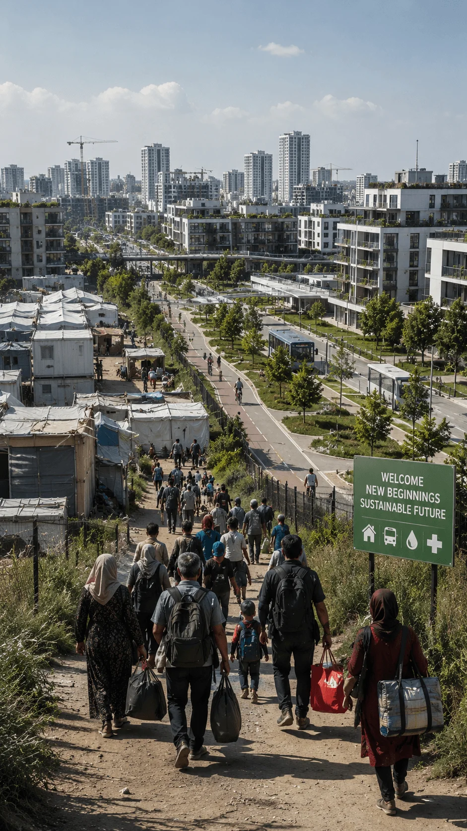 Groups of people walking from temporary housing camps toward a modern sustainable city with green infrastructure public transit and signs promoting a resilient future urban community