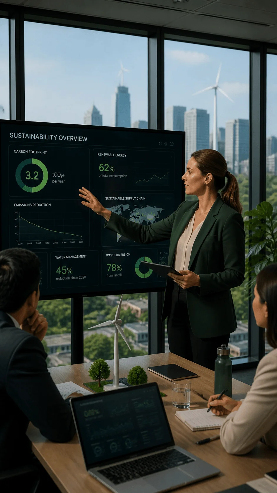 A woman presents a sustainability overview on a large screen in a meeting room pointing to charts on carbon footprint renewable energy emissions reduction water management and waste diversion while colleagues listen nearby with a city skyline and wind turbines visible through the windows