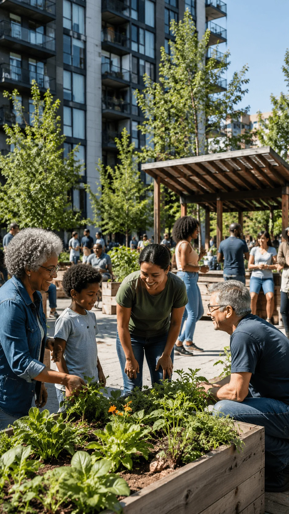 Community members tending raised garden beds together in a sustainable urban courtyard surrounded by apartment buildings and greenery