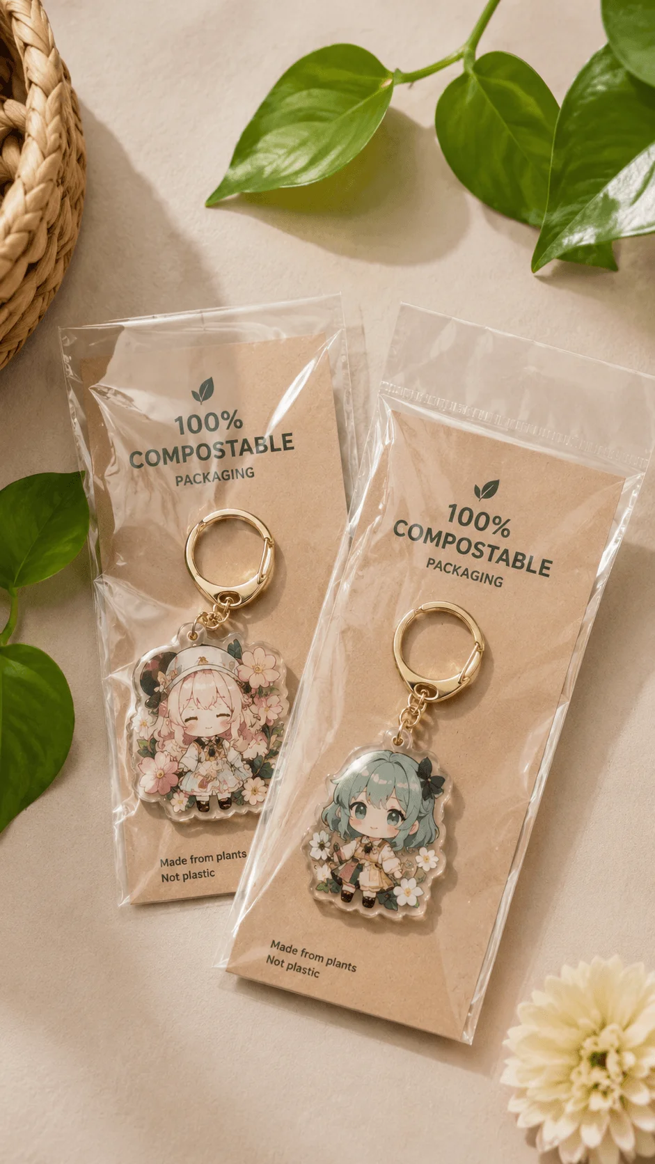 Compostable transparent packaging for handmade anime keychains featuring plant based eco friendly bags kraft backing cards and sustainable product presentation