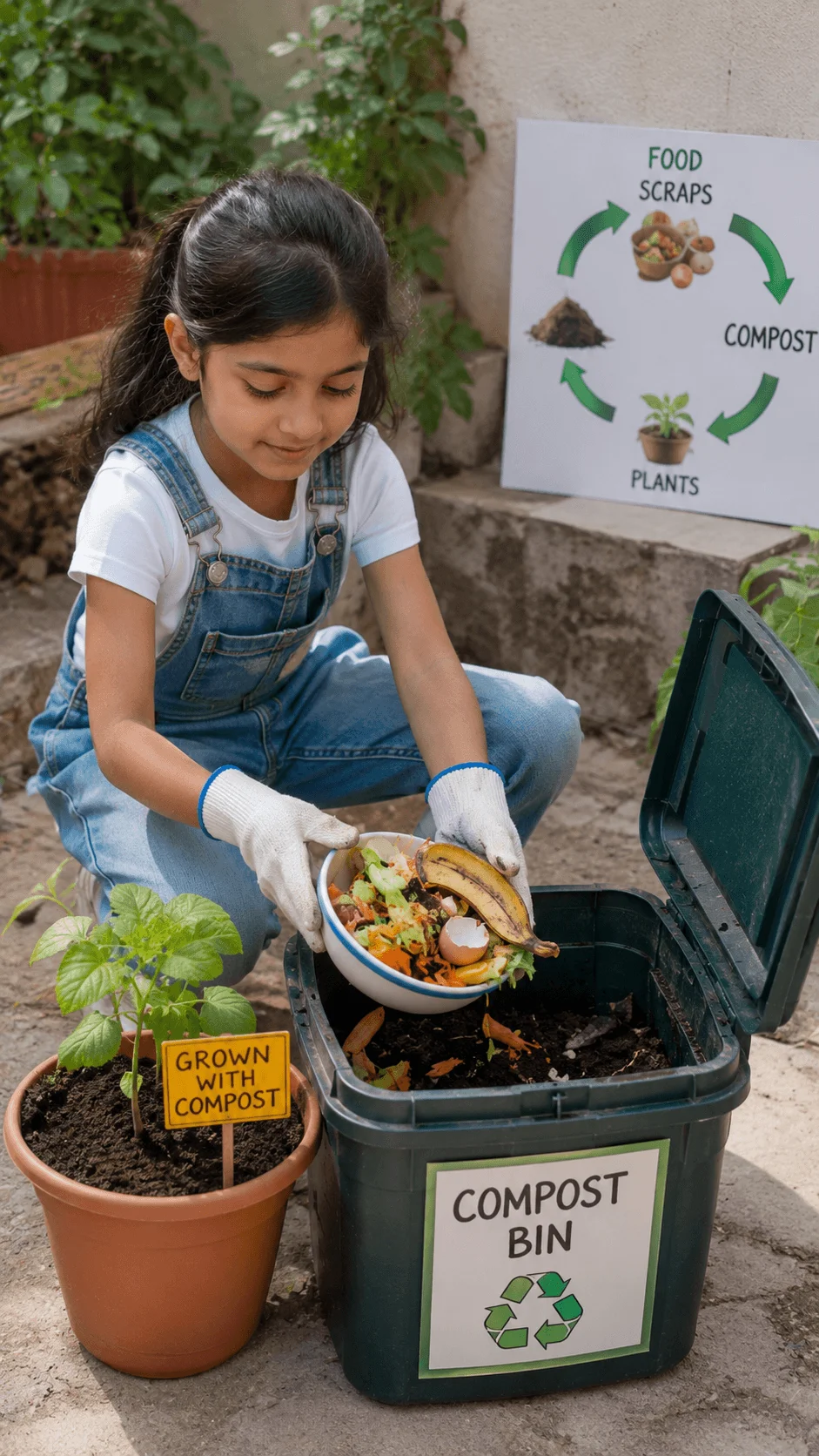 Young girl adding food scraps to a compost bin as part of a hands on sustainability STEM project showing how composting turns kitchen waste into nutrient rich soil for growing healthy plants