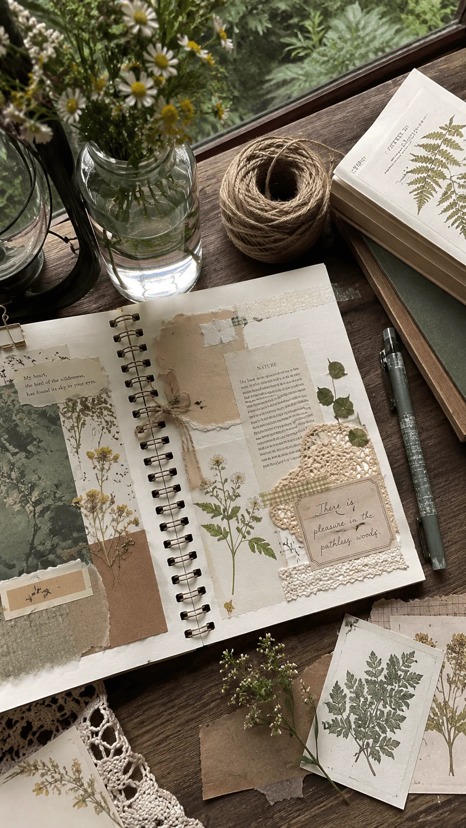 Cottagecore inspired scrapbook journal spread with pressed flowers botanical illustrations vintage paper textures lace details and handwritten quotes arranged on a wooden table beside books twine and a vase of wildflowers near a window with natural light