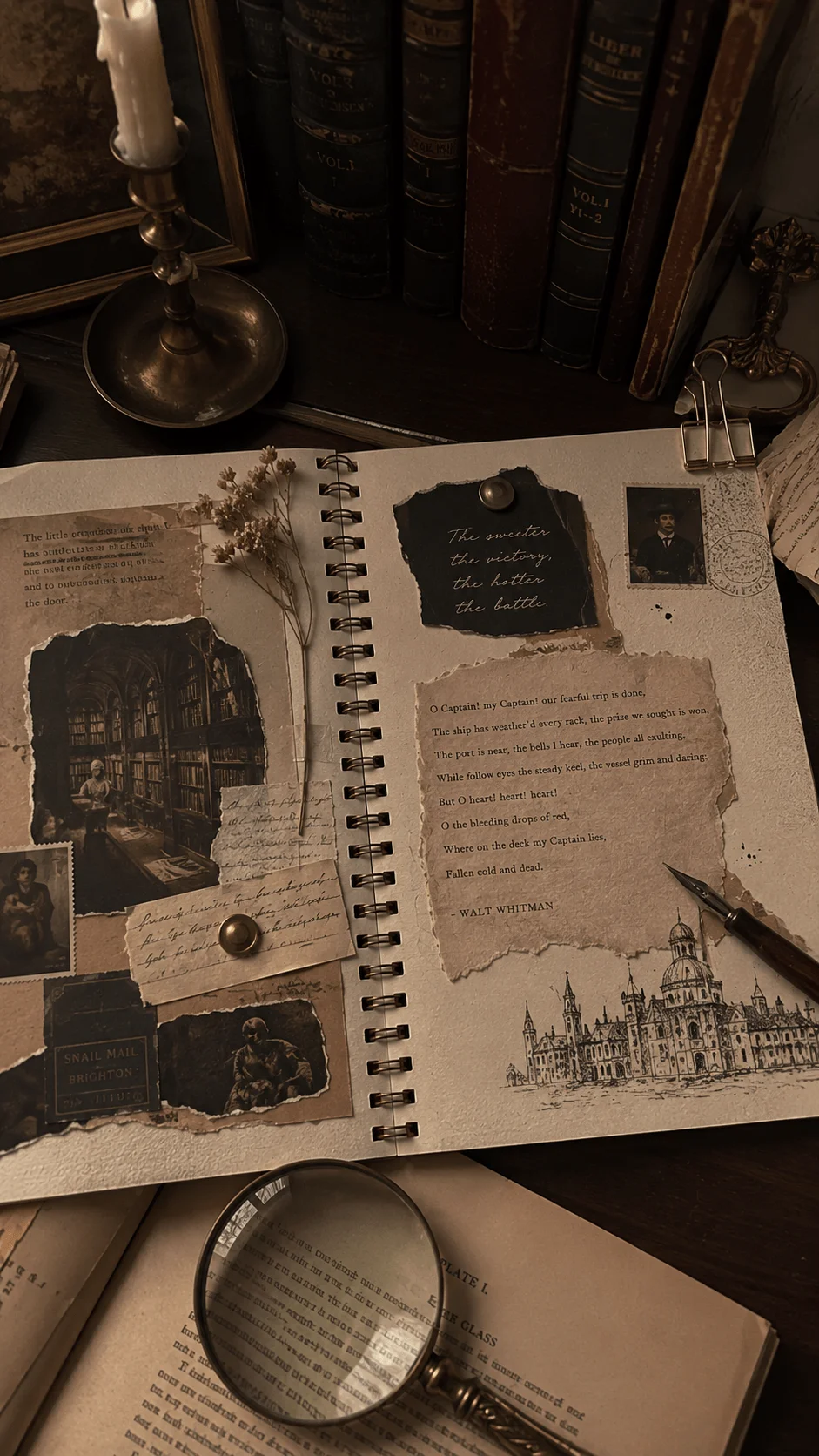 Dark academia inspired scrapbook journal spread featuring vintage paper textures antique books handwritten notes poetry dark toned photographs dried flowers and old world aesthetic elements arranged on a moody desk with candlelight magnifying glass and classic literary decor