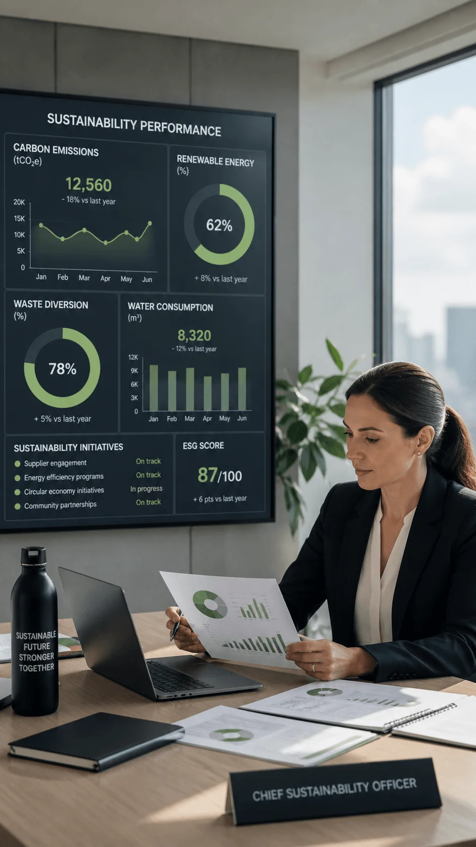 A woman in an office reviews sustainability reports at her desk while a large screen displays charts on carbon emissions renewable energy waste diversion water consumption and ESG score trends