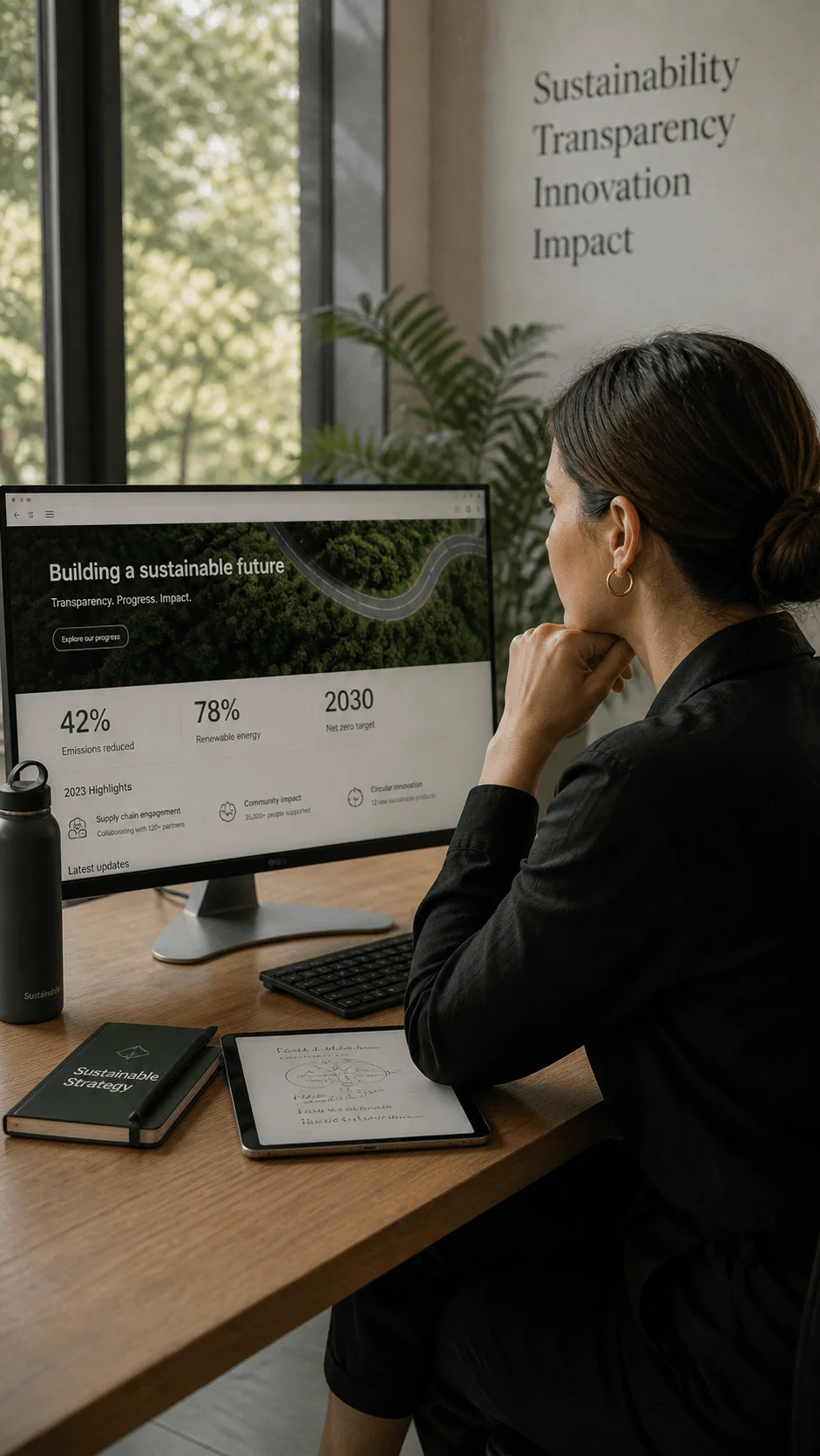 A woman sits at a desk viewing a computer screen displaying a sustainable future dashboard with emissions reduction renewable energy and net zero targets while a tablet notebook and reusable bottle sit nearby in a bright office with plants and a wall listing sustainability transparency innovation and impact