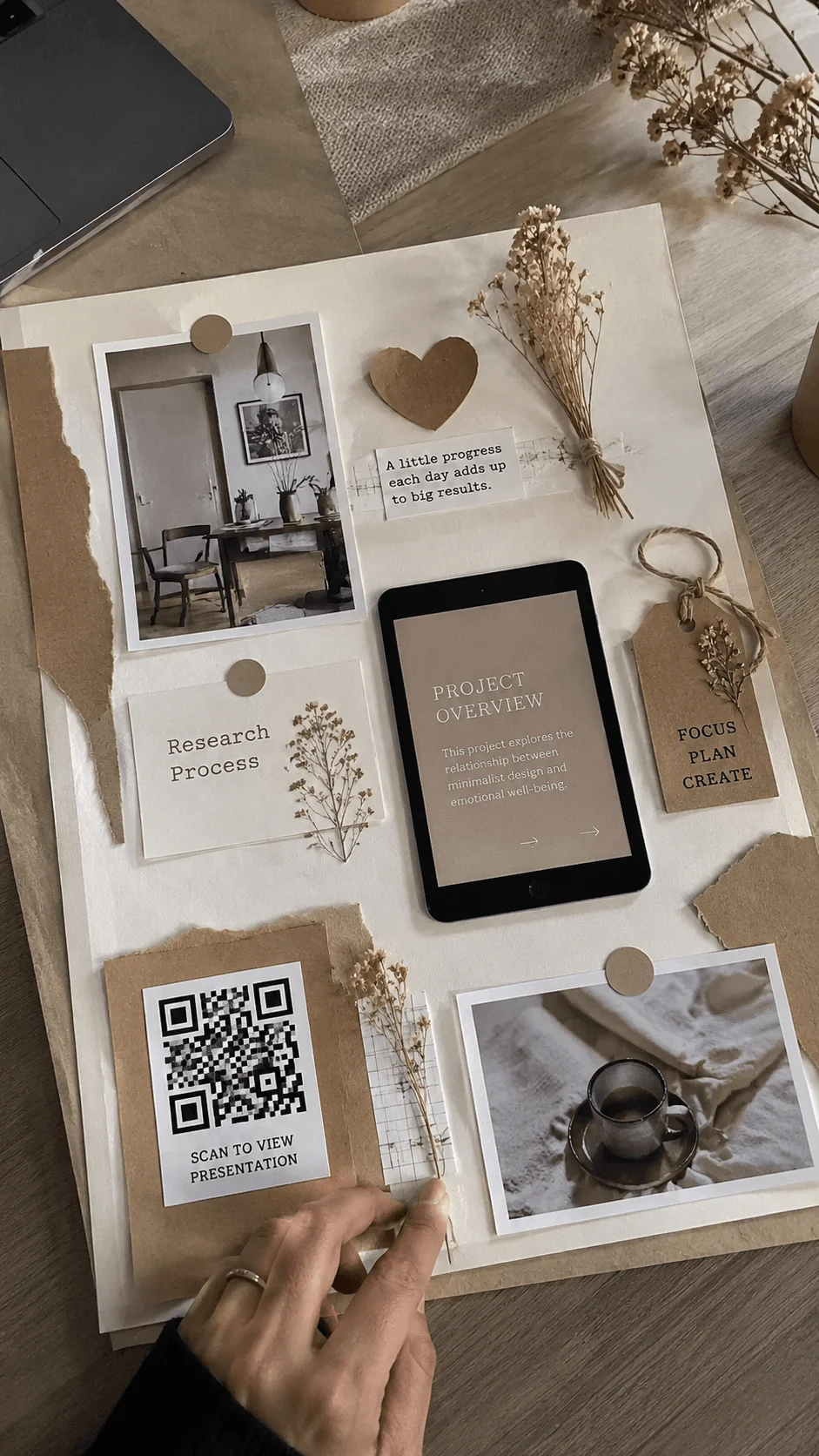 Minimalist aesthetic project board with neutral beige tones featuring dried flowers printed photos a tablet mockup QR code research notes and handmade paper elements arranged on a wooden desk with a calm creative workspace vibe