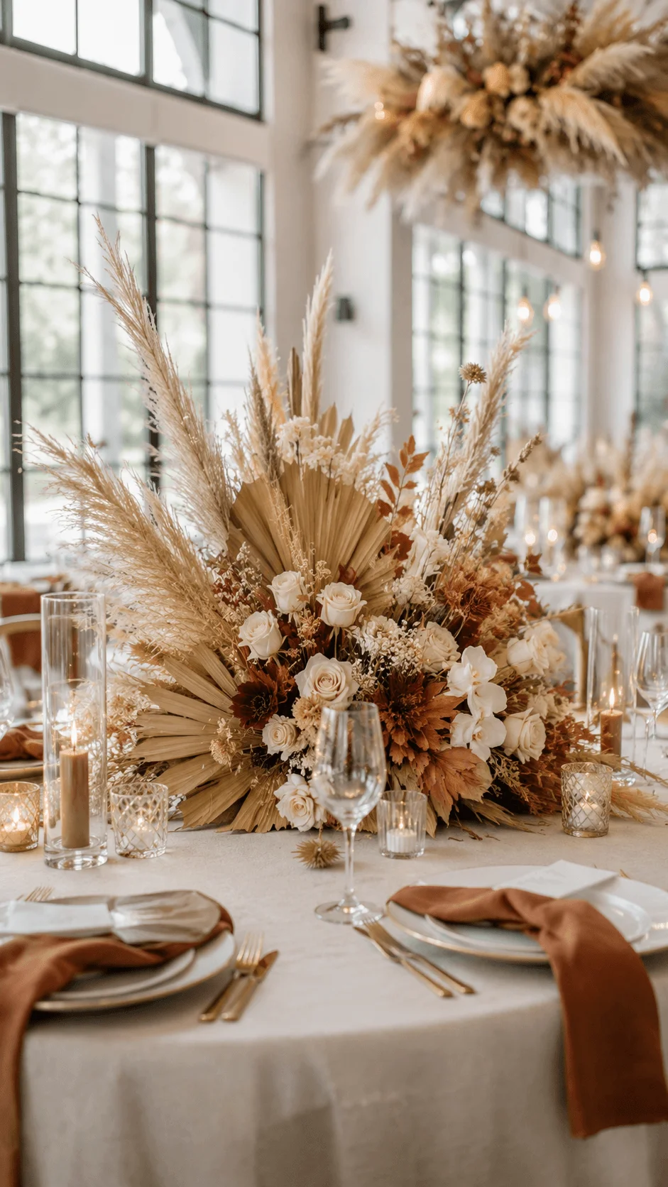 Elegant indoor wedding reception table with dried and fresh floral centerpiece featuring pampas grass palm leaves white roses candles and neutral toned decor in a bright modern venue