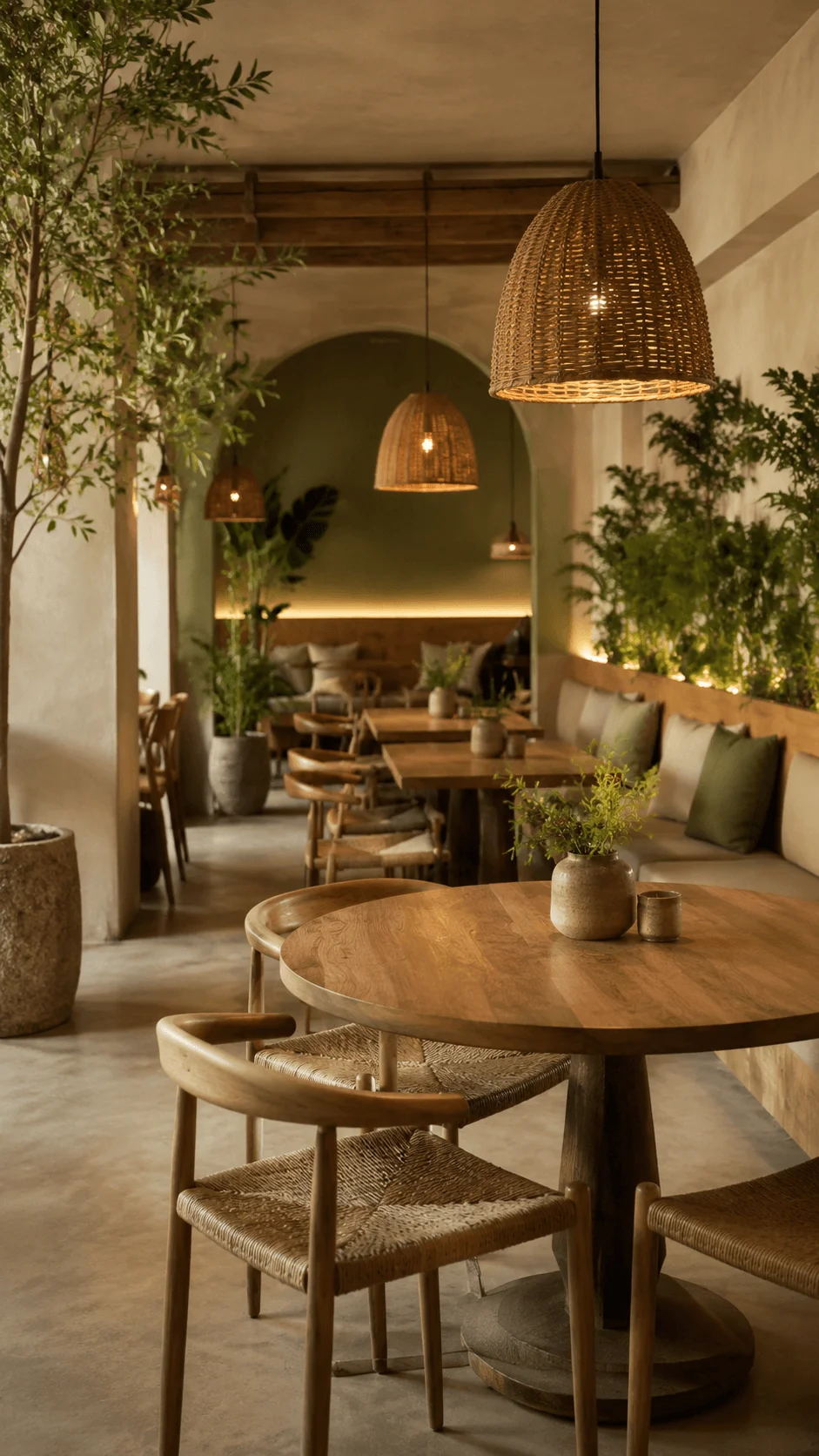 Sustainable restaurant interior with earth tone colors wooden furniture woven pendant lights indoor plants soft ambient lighting and warm natural dining atmosphere
