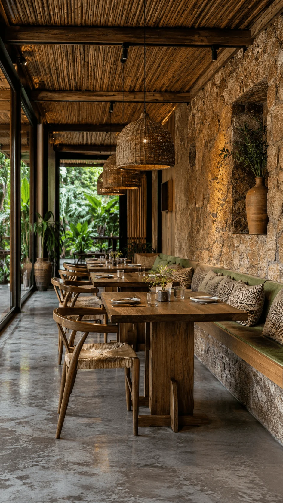 Eco friendly restaurant interior with natural stone walls bamboo ceiling wooden furniture woven pendant lights and locally inspired sustainable design surrounded by greenery