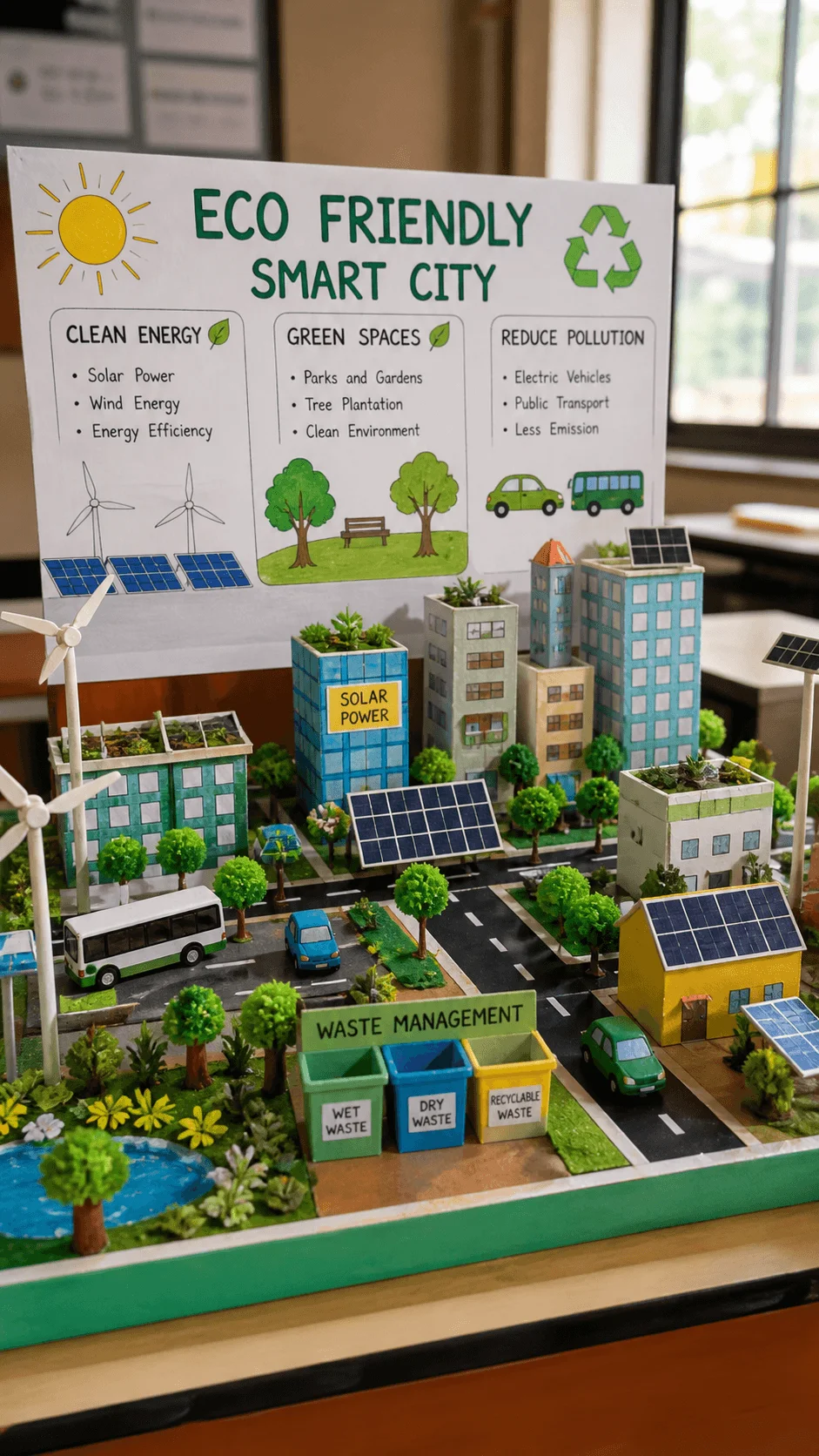Eco friendly smart city model for kids featuring solar powered buildings wind turbines green spaces electric transport and waste management systems designed to teach sustainability and clean energy concepts