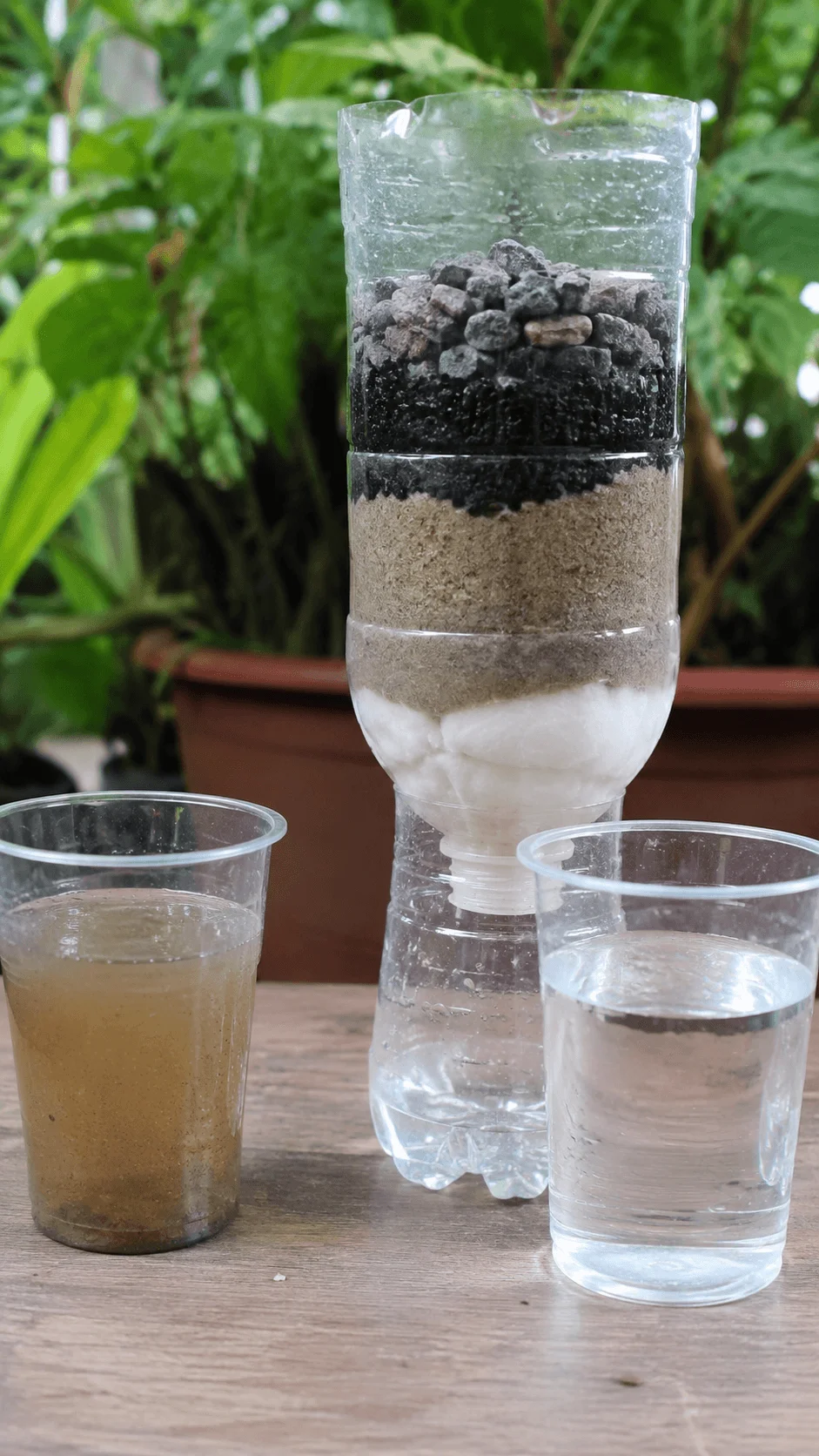 Eco friendly water filtration system made from a recycled plastic bottle using layers of gravel charcoal sand and cotton to clean dirty water into clear filtered water displayed in cups outdoors