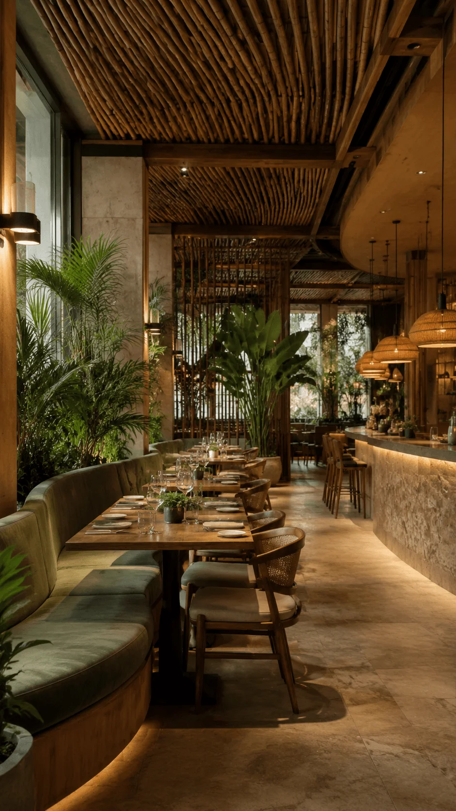 Eco luxury restaurant interior with bamboo ceiling elegant lighting lush indoor plants curved seating wooden furniture and sophisticated sustainable dining atmosphere