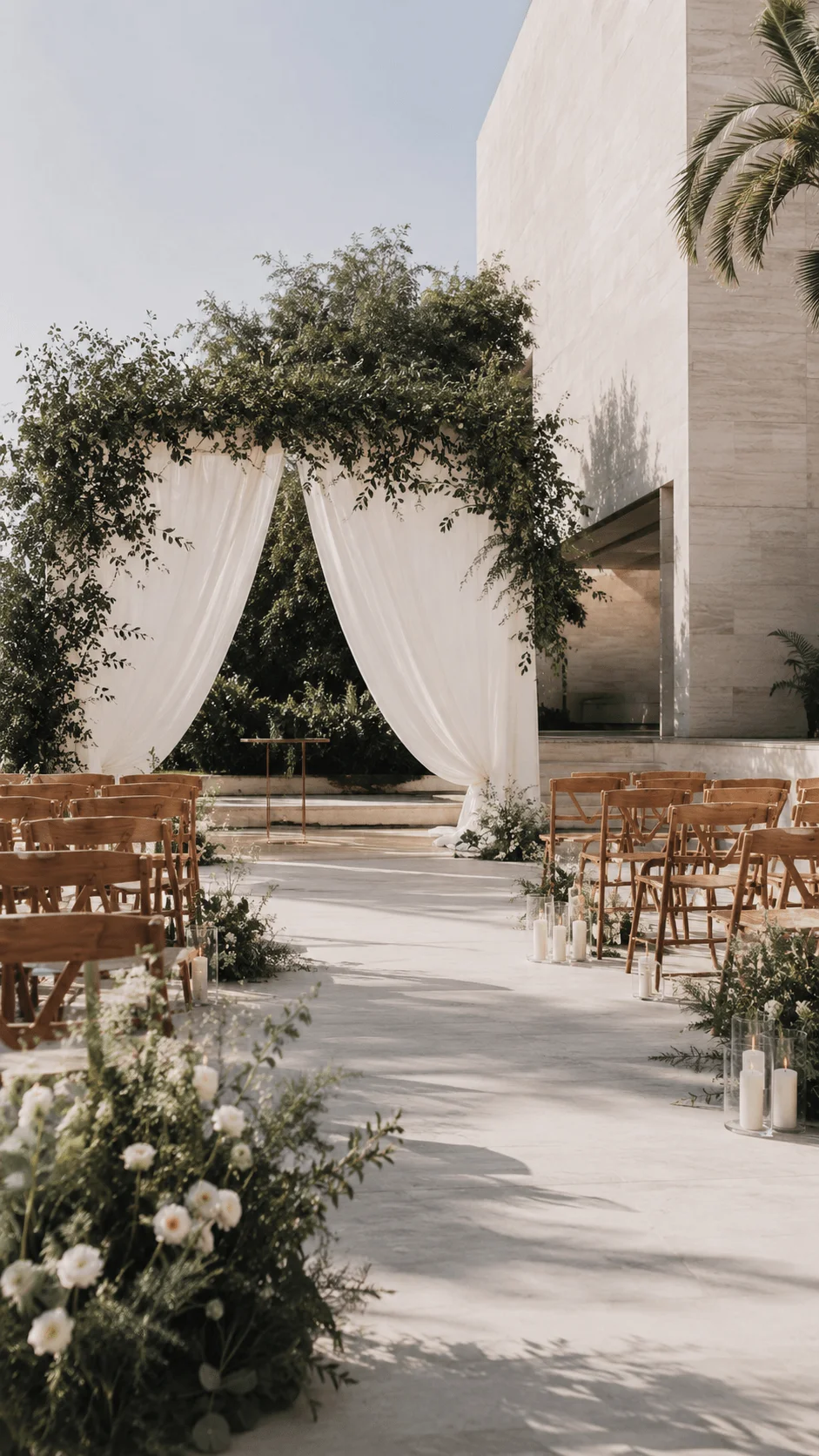 Minimalist outdoor wedding ceremony setup with white draped arch greenery floral arrangements candles and wooden chairs in a modern elegant venue surrounded by natural light