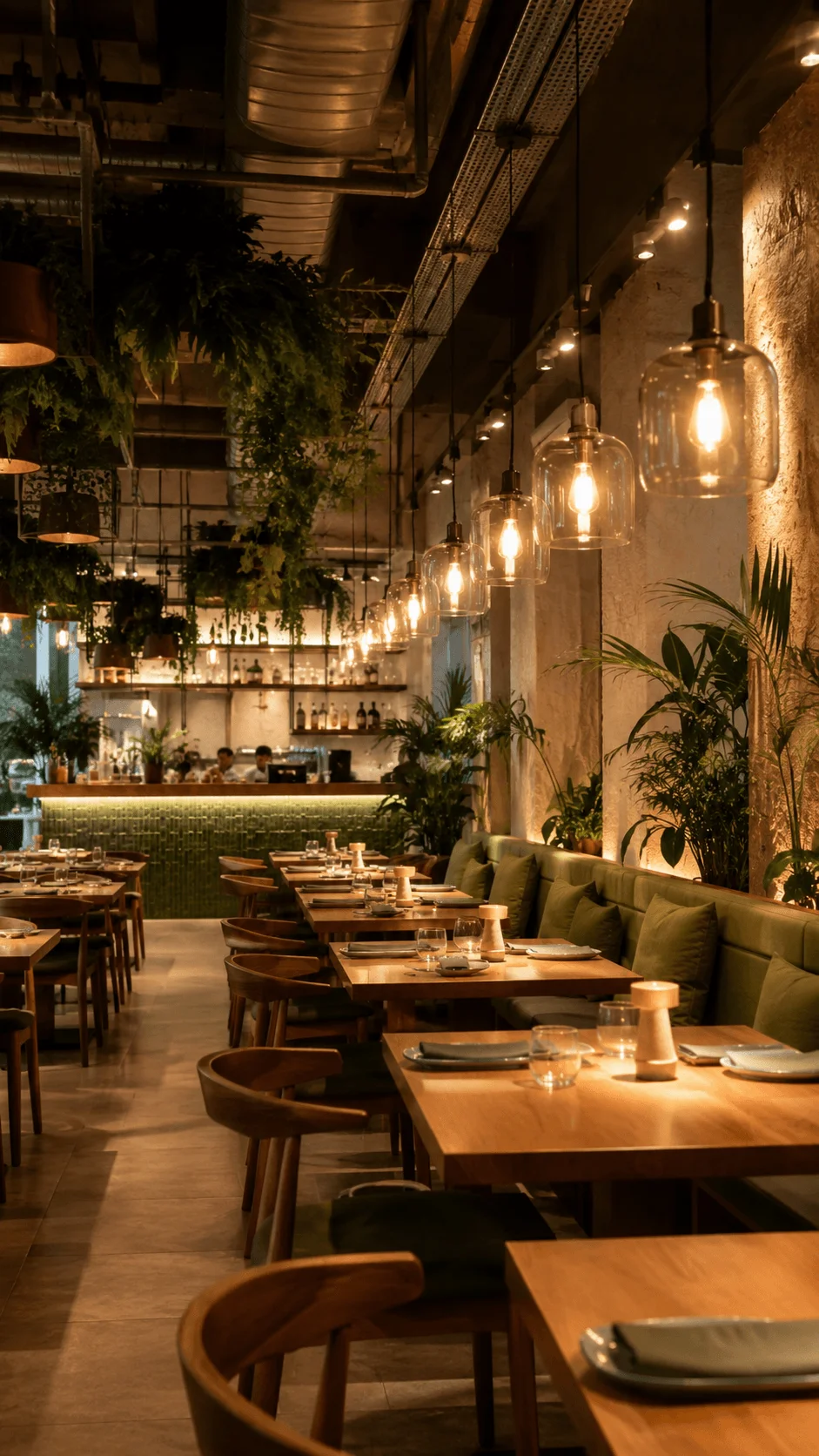 Modern sustainable restaurant interior with energy efficient pendant lighting warm ambient glow wooden tables indoor plants and eco friendly dining space design