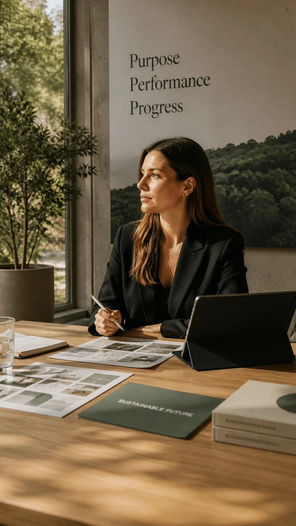 A woman sits at a desk reviewing printed materials and holding a pen beside a tablet with a poster behind her reading purpose performance progress and sunlight coming through a window with plants nearby