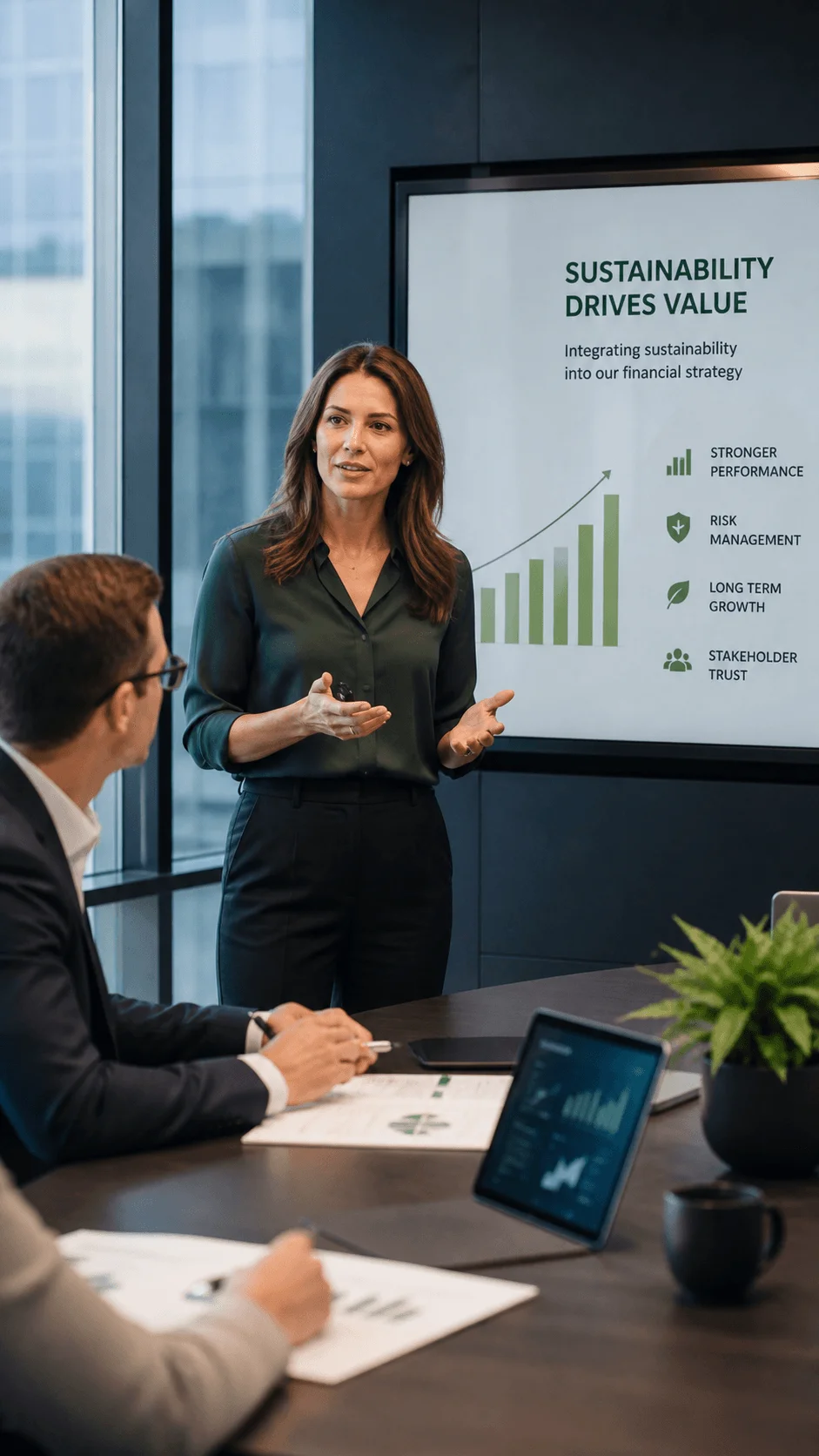 A woman presents in a meeting pointing to a screen showing sustainability drives value with a rising chart and points on stronger performance risk management long term growth and stakeholder trust while colleagues review documents at a table