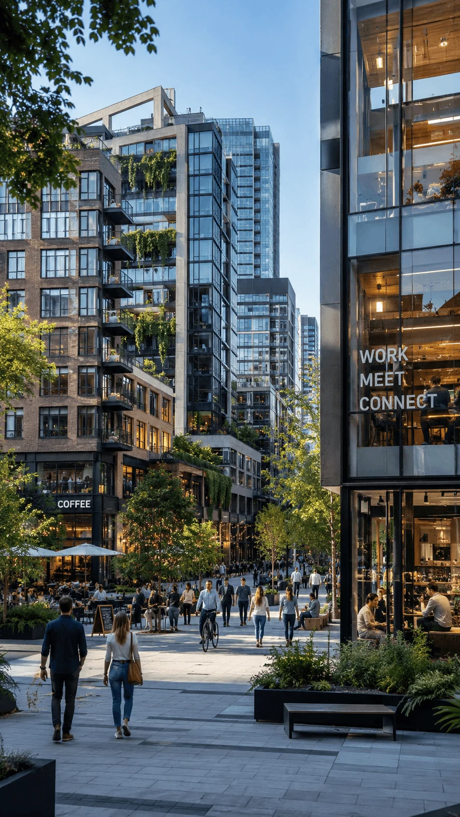 Modern mixed use urban district with offices cafes apartments pedestrian walkways and outdoor gathering spaces designed for flexible and connected city living