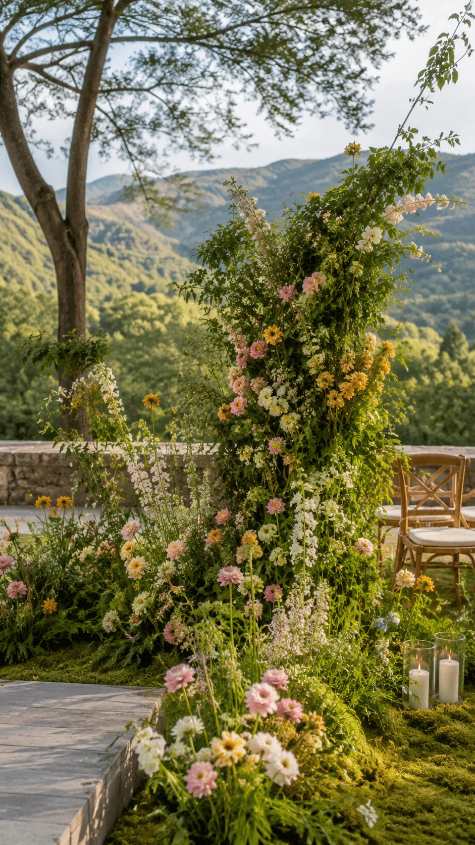 Outdoor wedding floral arrangement with lush greenery pastel flowers and candles set against a scenic mountain landscape creating a natural and sustainable ceremony backdrop