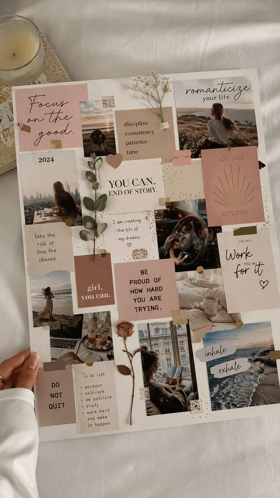 Aesthetic vision board with soft neutral tones featuring motivational quotes lifestyle photos beach scenes cozy coffee moments and dried flowers arranged on a white poster board with gold accents and a calm feminine vibe