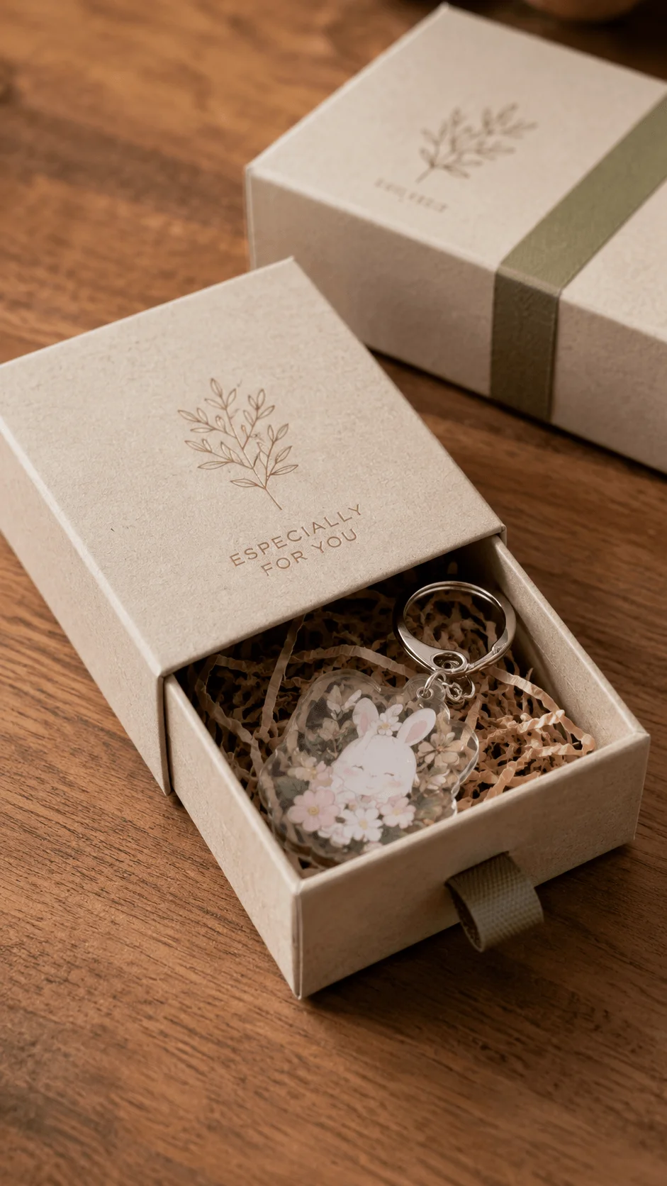 Handmade recycled drawer box packaging with floral acrylic keychain shredded paper filler and elegant eco friendly premium gift presentation