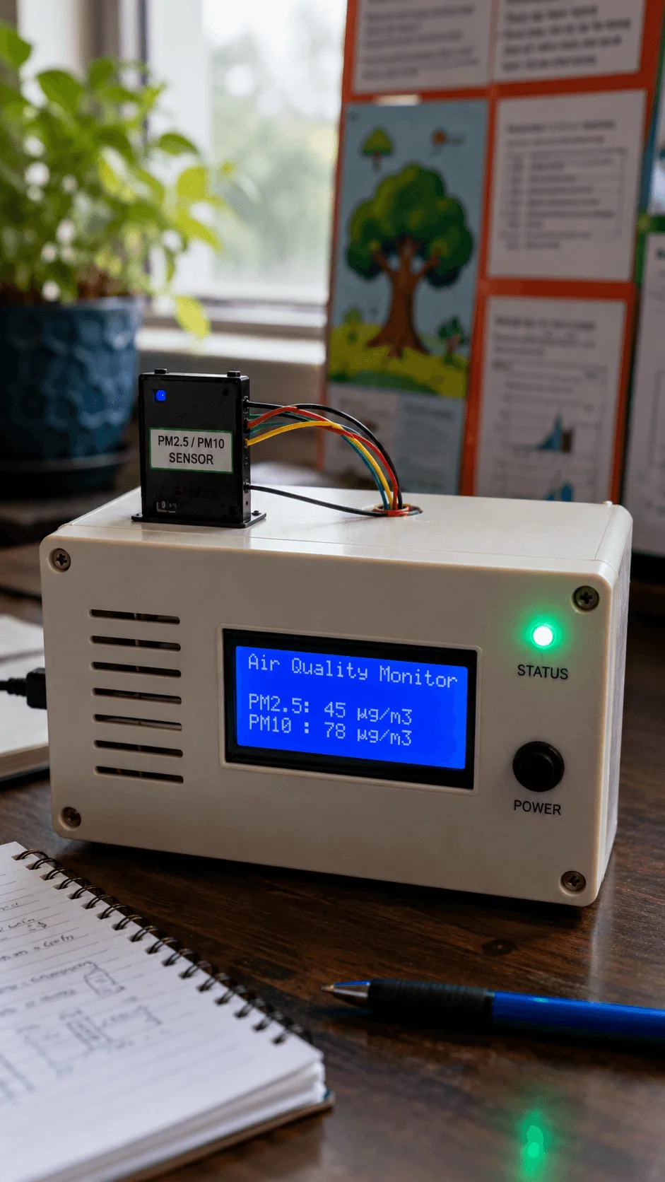 Homemade air pollution monitor project with PM2.5 and PM10 sensor displaying real time air quality readings on a digital screen inside a portable monitoring device setup on a desk