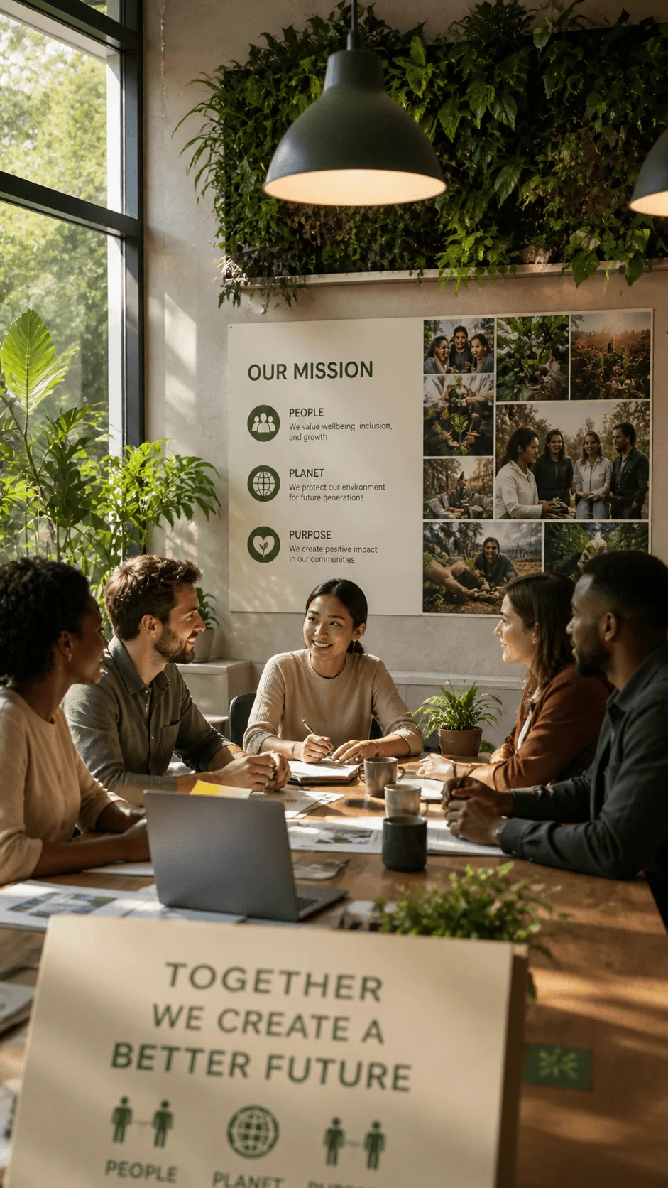 A diverse group of colleagues sit around a table in a plant filled office collaborating and smiling with a wall display highlighting mission values of people planet and purpose and a sign reading together we create a better future