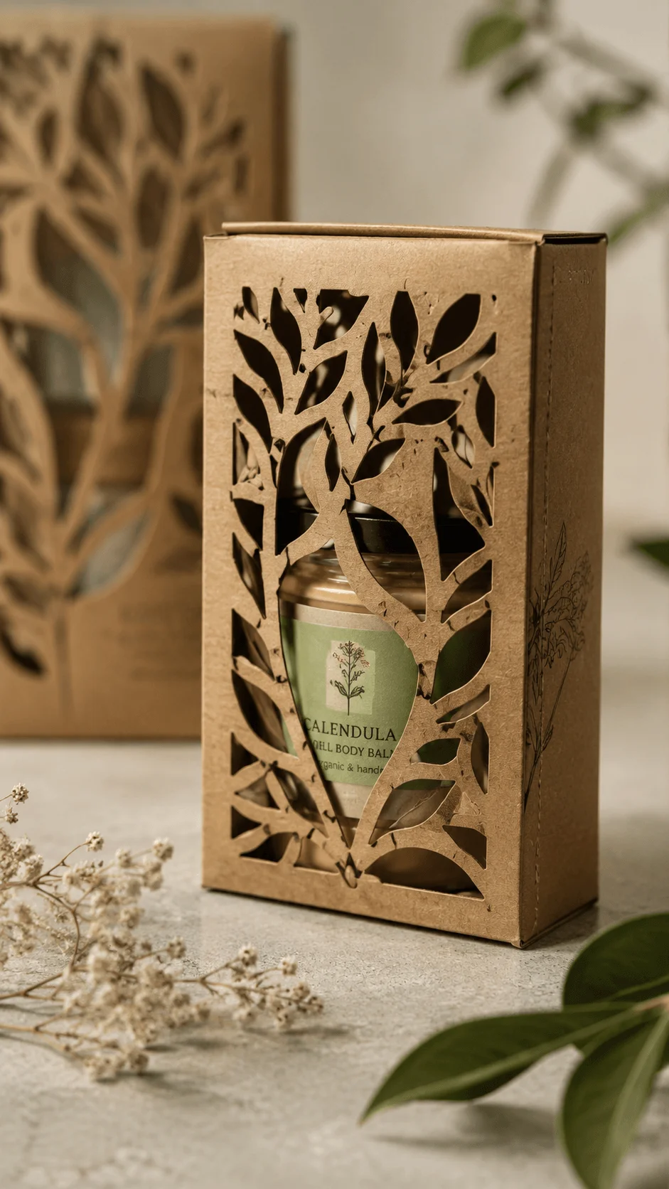 Laser cut kraft packaging box with botanical leaf design eco friendly branding and sustainable natural product presentation for handmade goods
