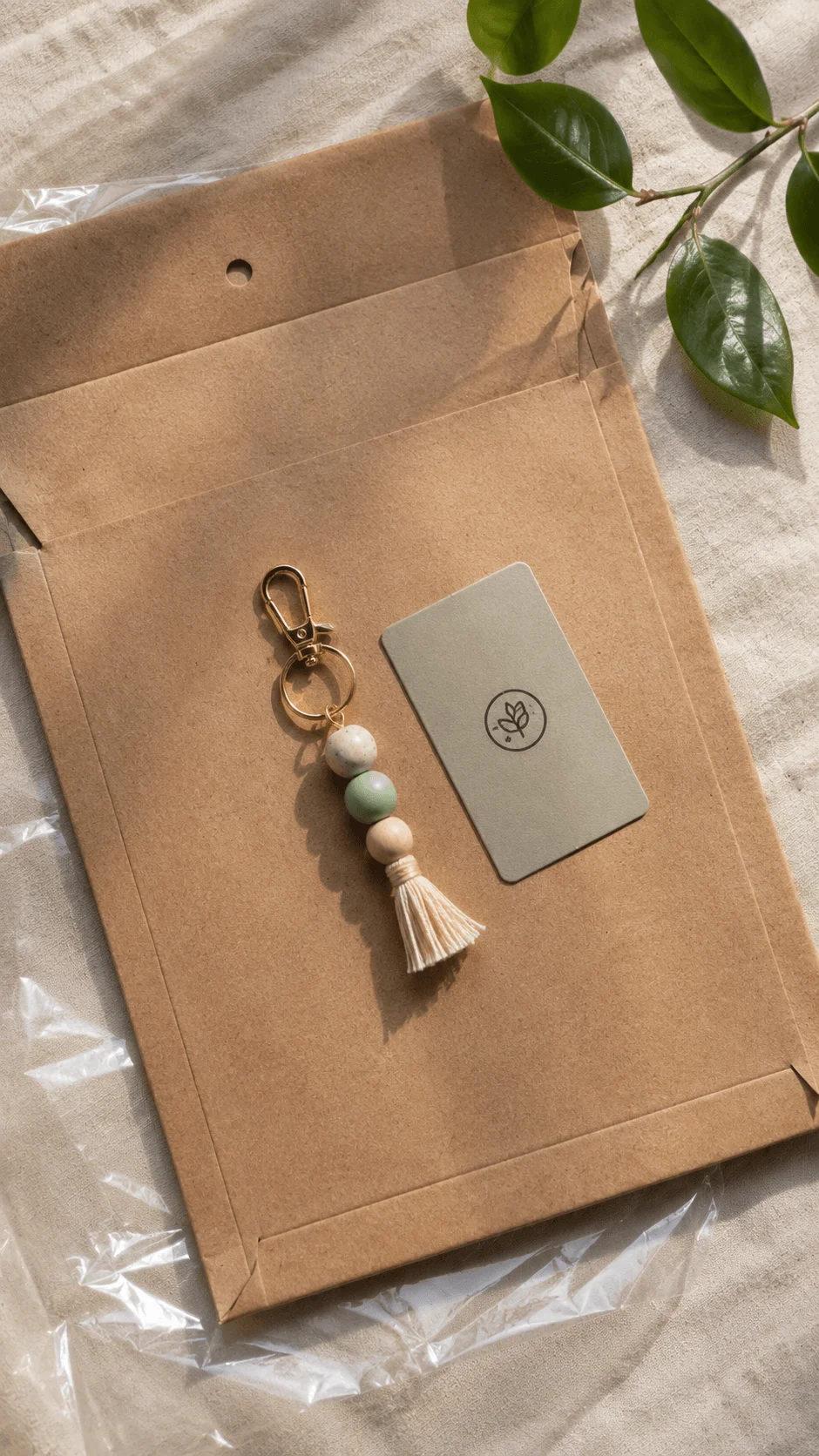 Lightweight flat kraft packaging for sustainable ecommerce featuring eco friendly mailer envelope minimalist branding and handmade tassel keychain presentation