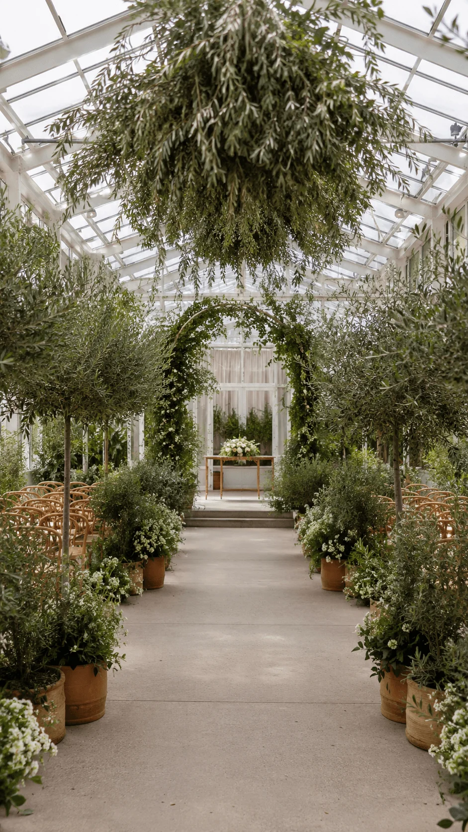 Indoor greenhouse wedding ceremony aisle decorated with lush greenery hanging plants potted olive trees and floral arrangements creating a botanical and eco friendly atmosphere