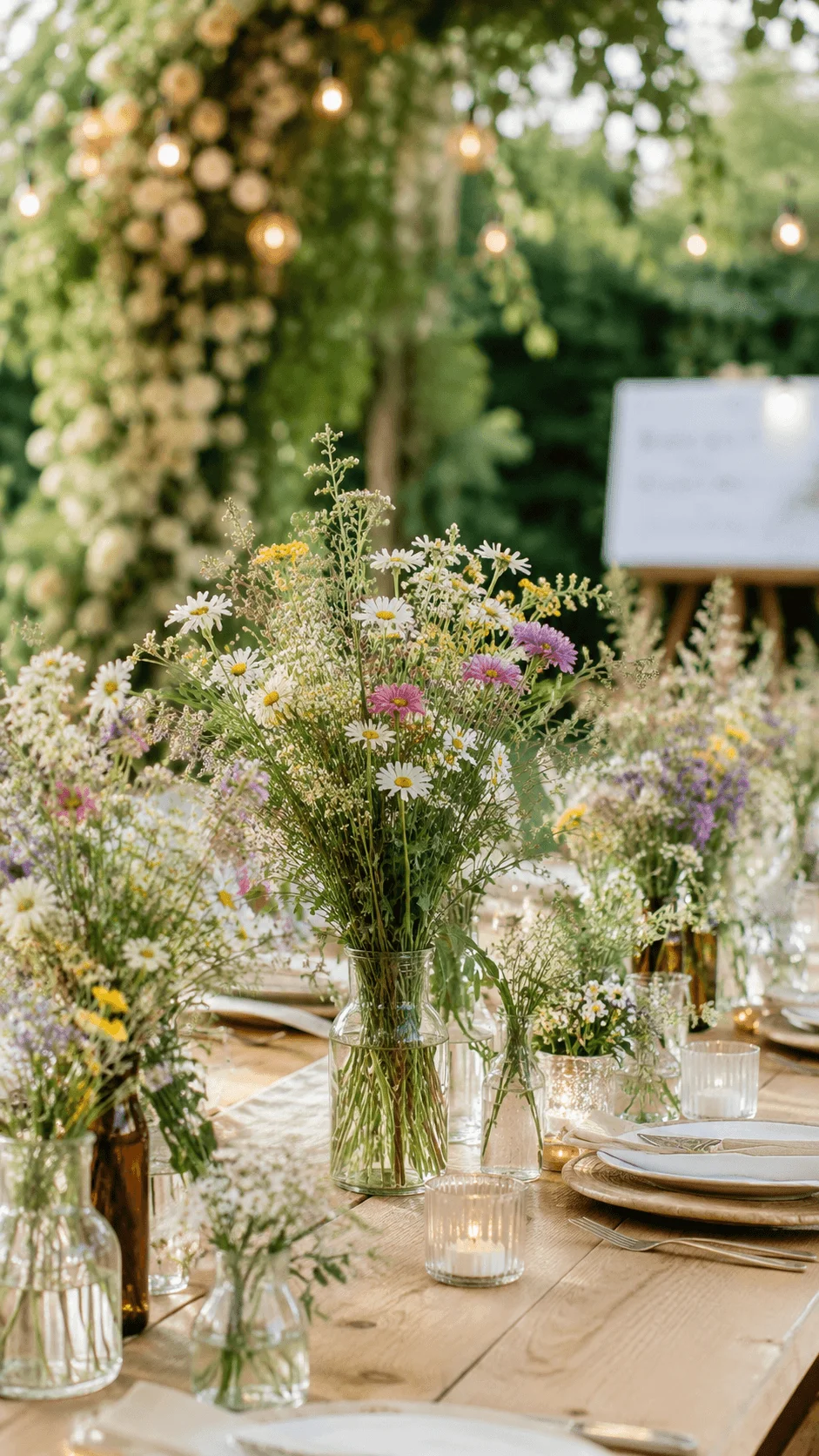 Rustic outdoor wedding table decorated with seasonal wildflower arrangements in glass vases candles and natural wood details surrounded by lush greenery and soft string lights