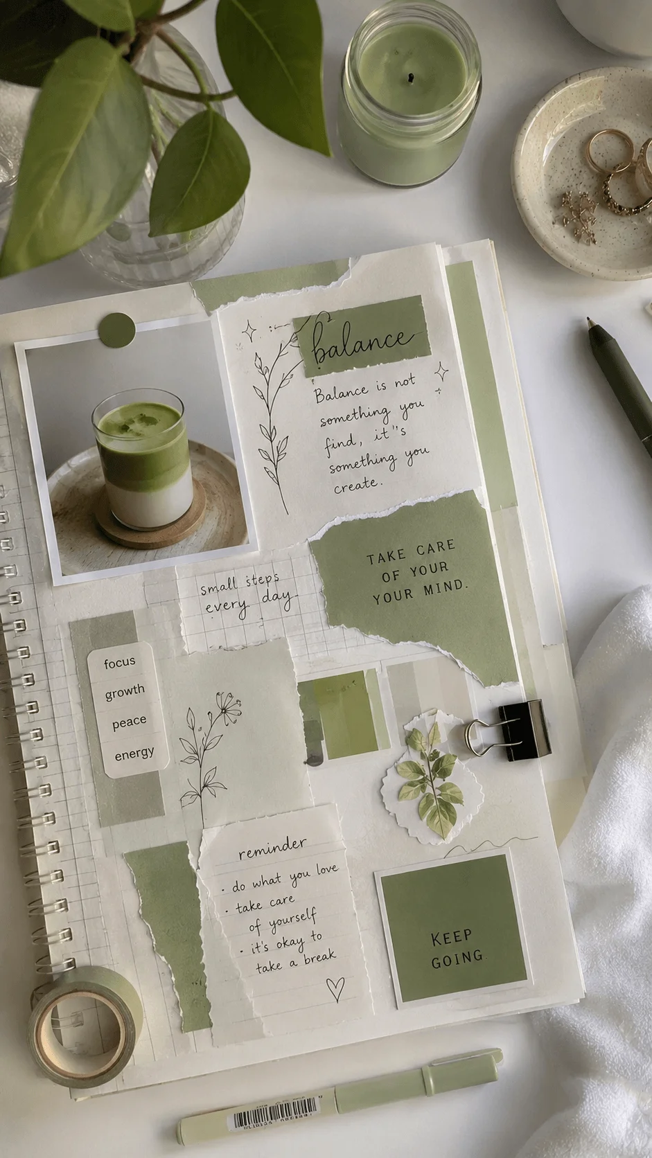 Minimal matcha green themed scrapbook journal page with motivational quotes soft aesthetic paper layers botanical illustrations and cozy self care elements arranged beside candles stationery and a matcha latte on a clean white desk with calming minimalist decor