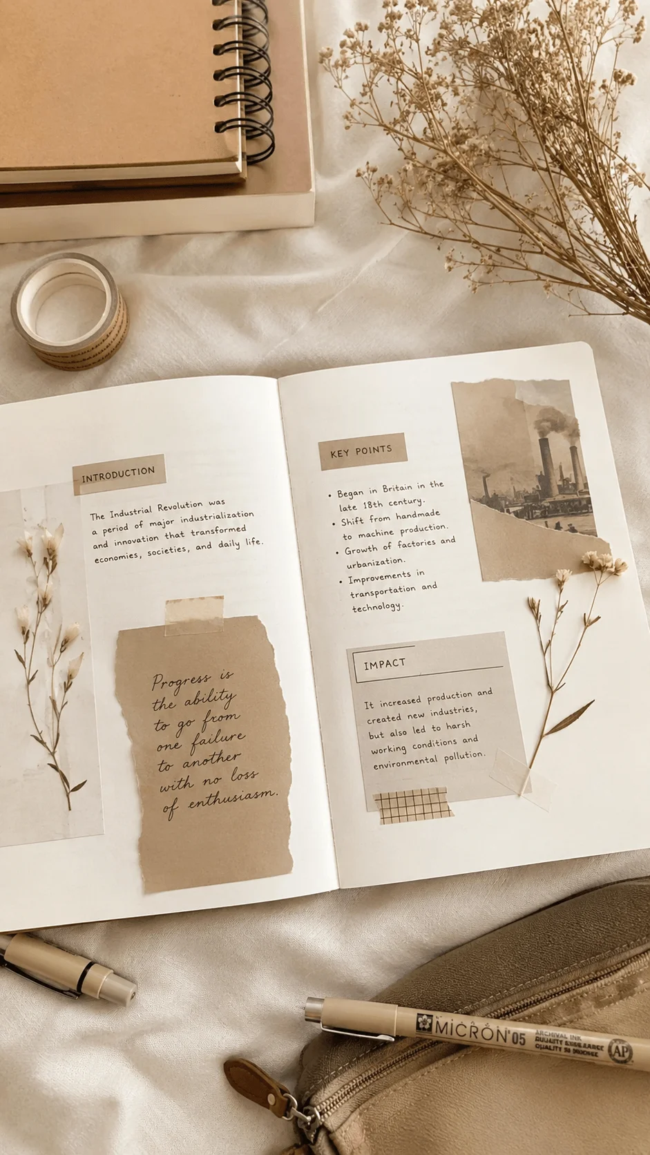 Minimalist beige aesthetic school project spread about the Industrial Revolution featuring handwritten notes dried flowers vintage style paper and neutral stationery arranged on an open notebook with cozy study decor