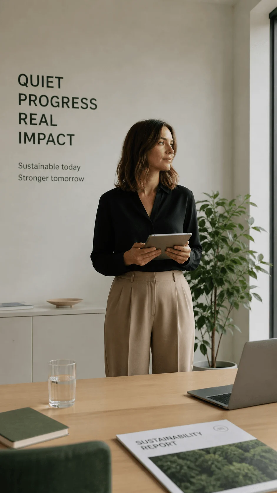 Minimalist sustainability office with professional woman holding tablet beside laptop and quiet progress real impact message on wall