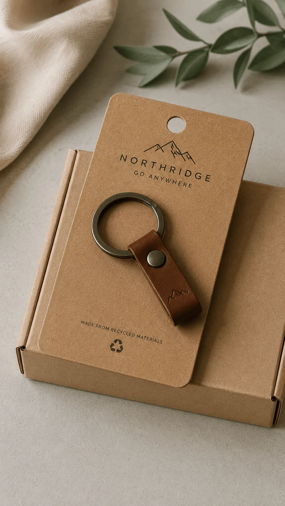 Minimalist recyclable keychain packaging with kraft paper box branded display card leather keychain and eco friendly sustainable product presentation