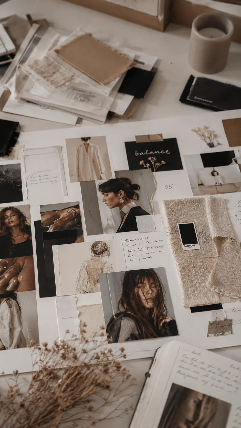 Neutral toned fashion and lifestyle mood board featuring editorial portraits fabric swatches handwritten notes dried flowers and minimalist aesthetic elements arranged on a creative workspace table with a cozy artistic vibe