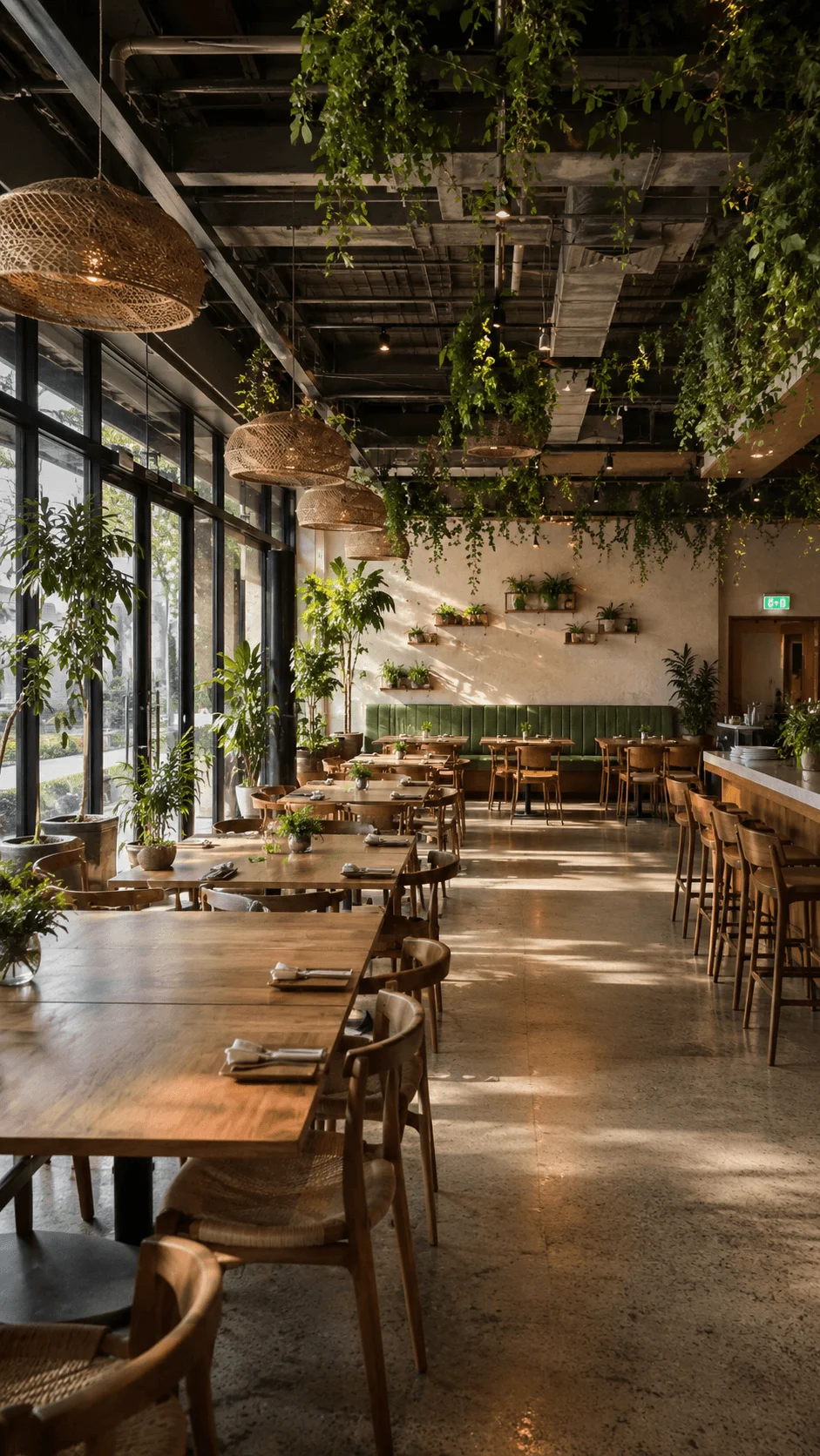 Spacious eco friendly restaurant interior with multifunctional seating areas hanging greenery natural sunlight wooden furniture and sustainable modern dining design with open flexible layout
