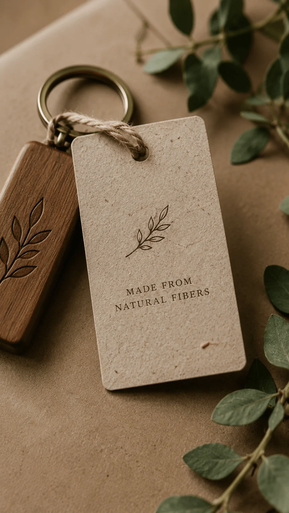 Natural fiber packaging tag with eco friendly branding attached to engraved wooden keychain featuring minimalist sustainable design and botanical elements