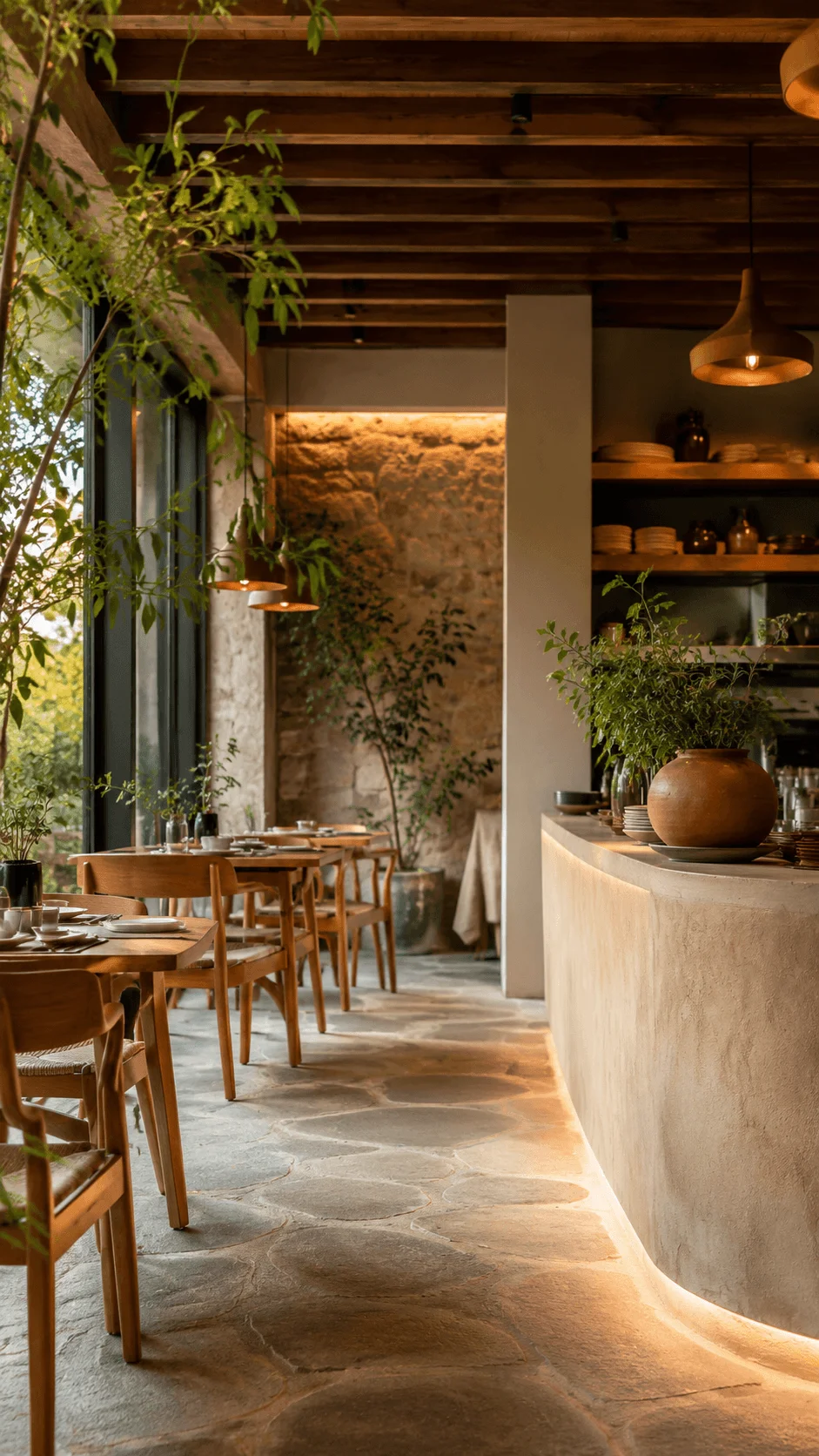 Modern sustainable restaurant interior with natural textures stone flooring wooden ceiling soft lighting indoor plants and minimalist eco friendly dining atmosphere