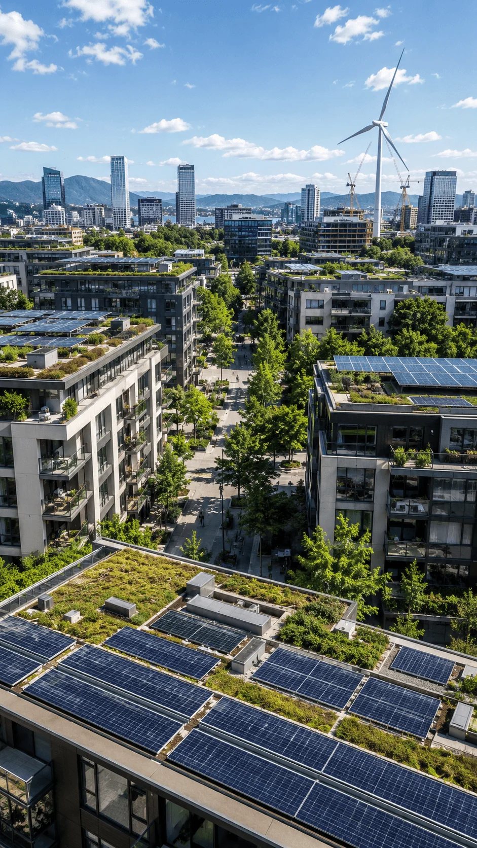 Sustainable urban district with solar powered rooftops green buildings tree lined streets and wind turbines illustrating a net zero energy community with renewable infrastructure