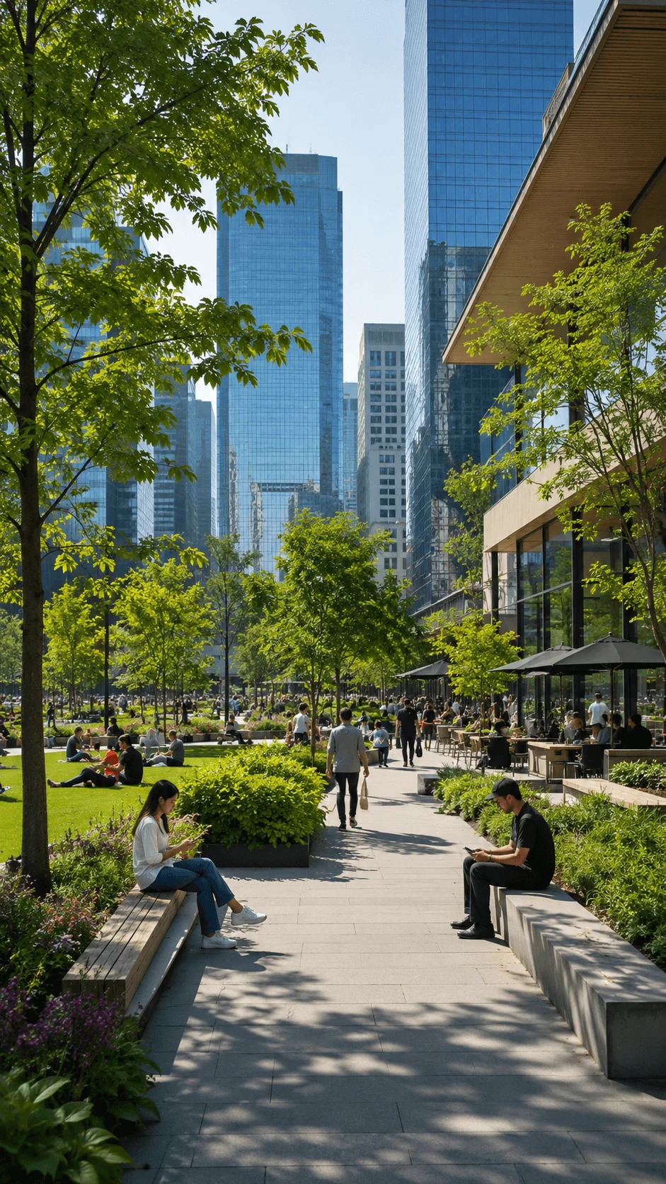 People relaxing walking and socializing in a green urban plaza surrounded by modern glass buildings shaded pathways landscaped gardens and outdoor seating in a human centered city environment